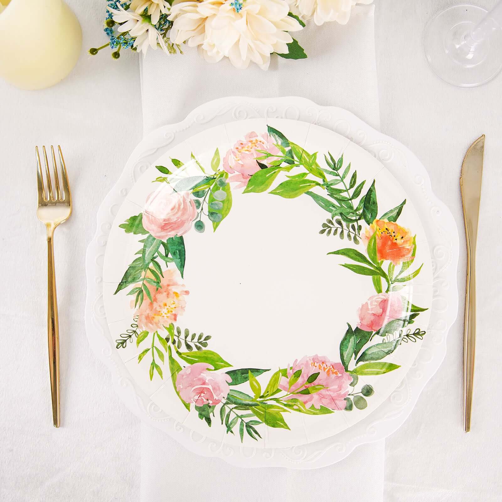 25-Pack Paper 9 Round Dinner Plates in White with Rose/Peony Flower Wreath - Disposable Party Plates for Bridal Showers & Garden Parties