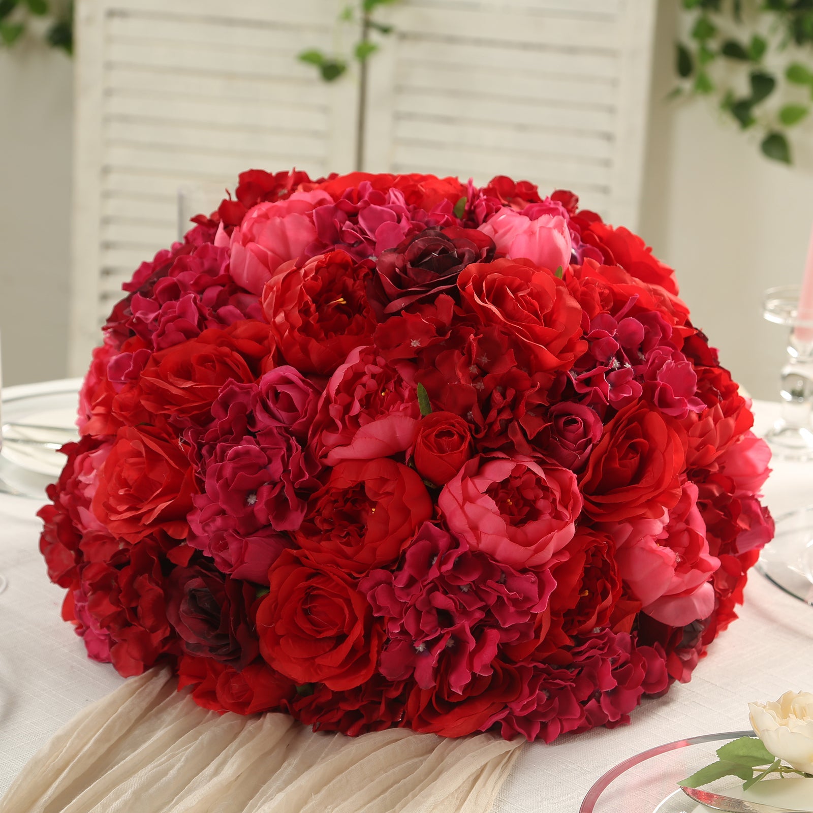 Pre-Arranged Silk Rose Bouquet Floral Arrangement Table Decor, Large Red Artificial Rose Flower Balls Wedding Centerpieces - 20