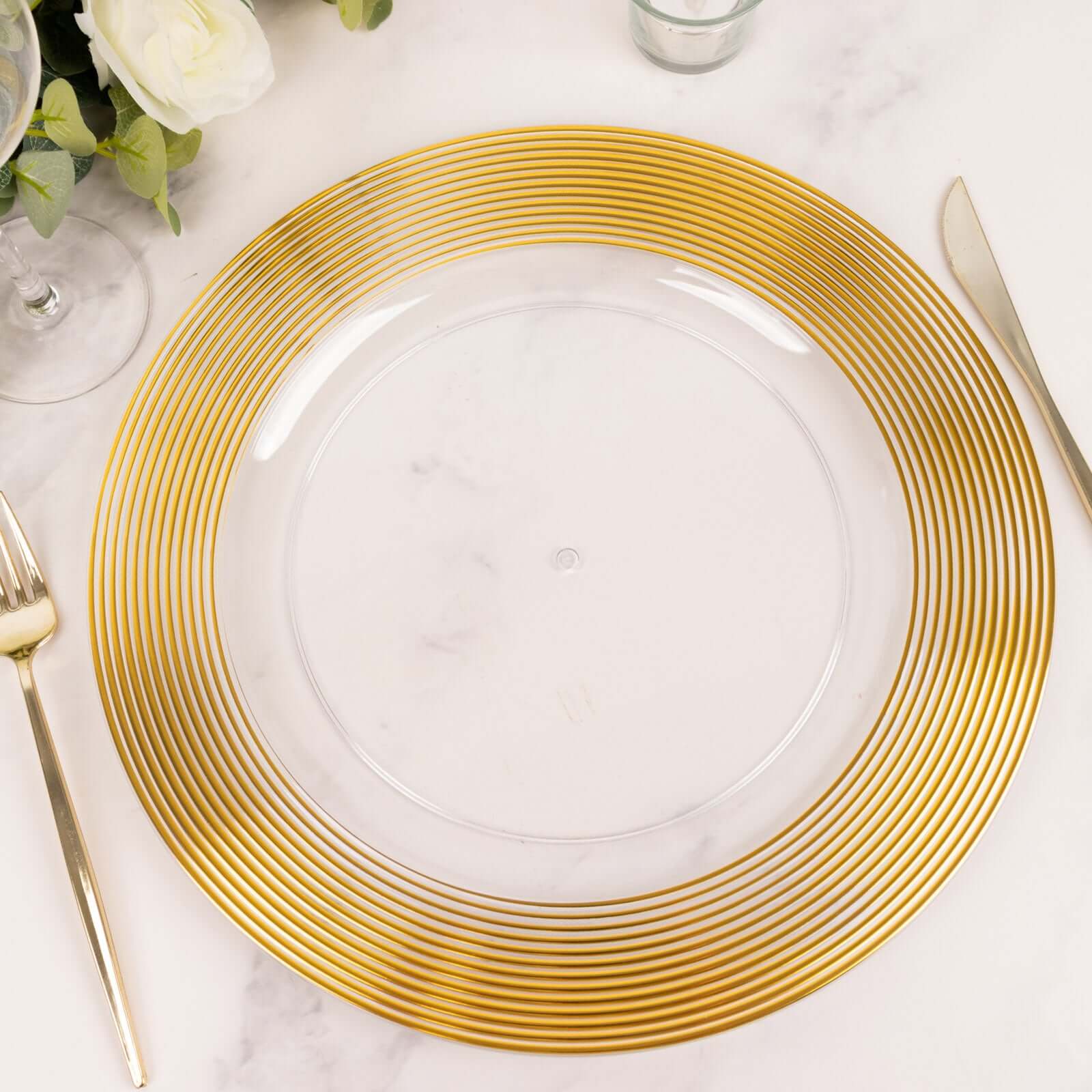 6-Pack Plastic Round Charger Plates 13 in Clear with Gold Lined Ring Rim, Classy Dinner Serving Plates