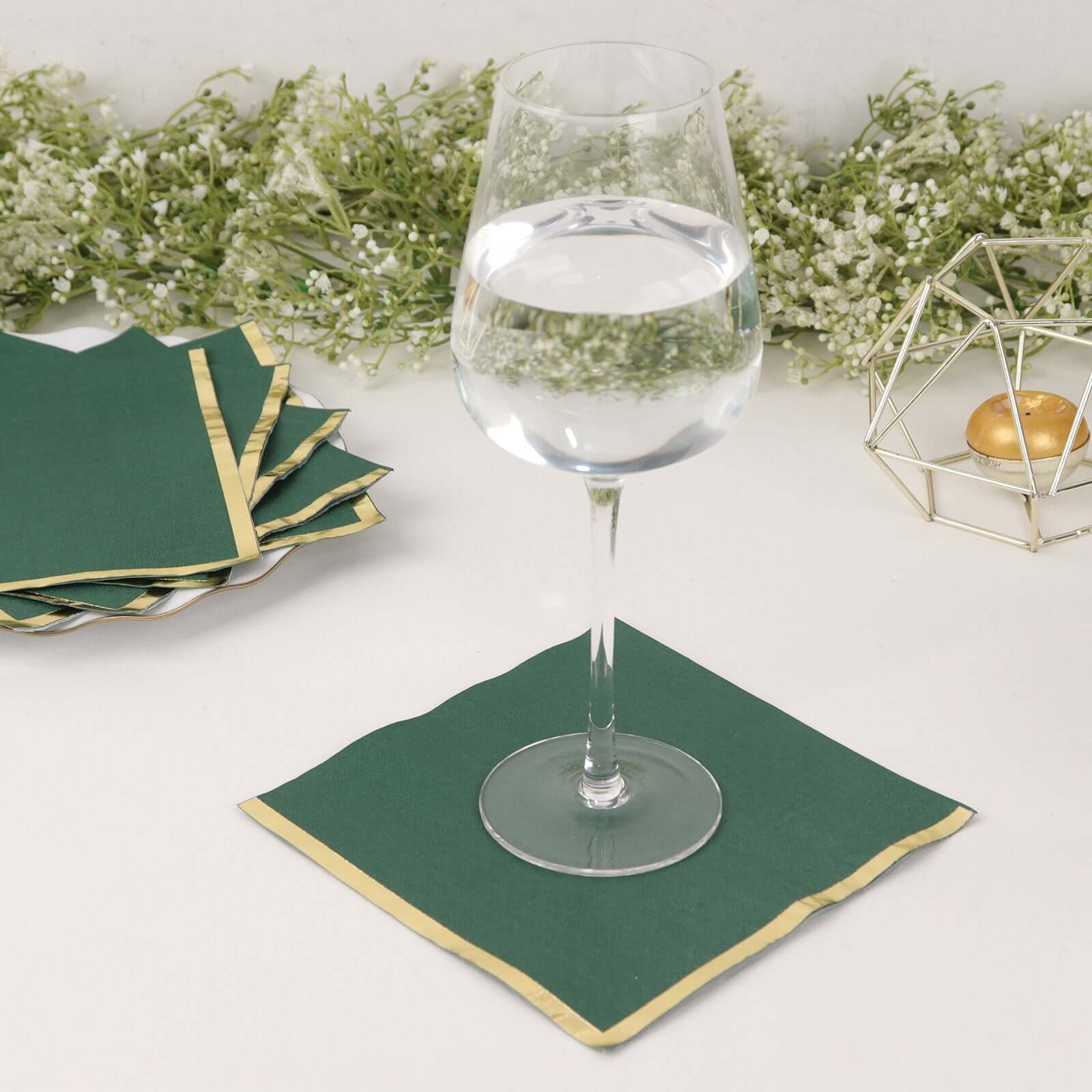 50-Pack Paper Beverage Napkins with Gold Foil Edge Hunter Emerald Green - Disposable 2 Ply Cocktail Napkins for Events 6.5x6.5