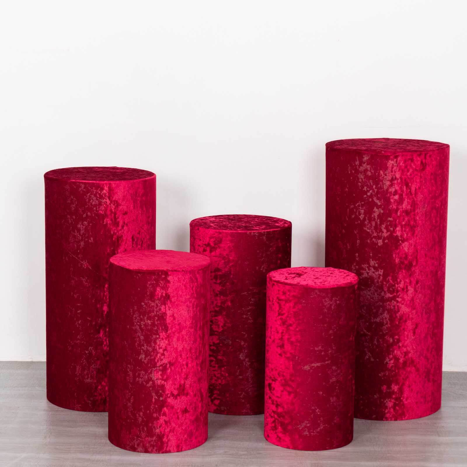 Set of 5 Red Crushed Velvet Cylinder Pedestal Stand Covers, Premium Pillar Prop Covers