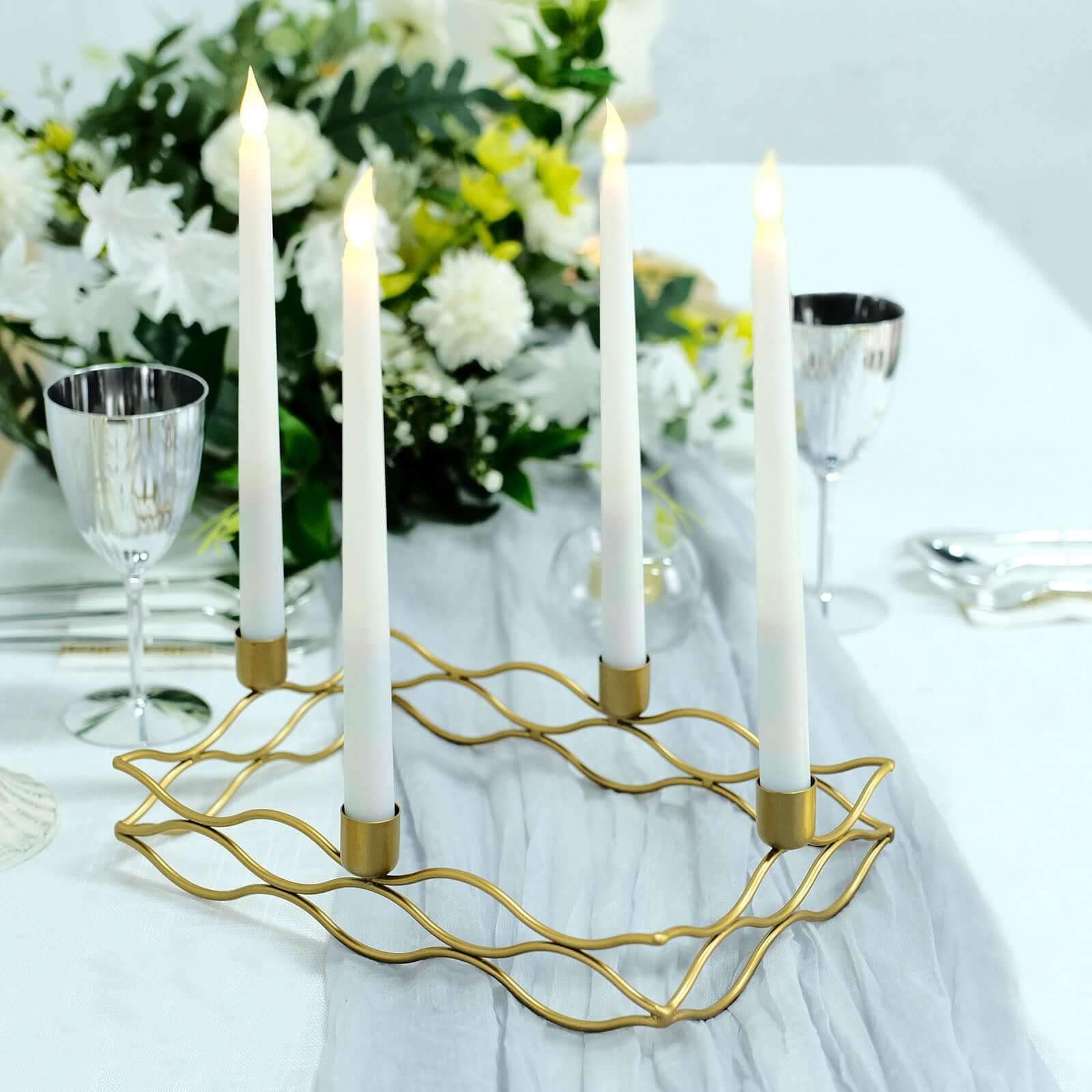 Rectangular Taper Wreath Candelabra 4 Arm Gold Metal Candle Holder Centerpiece - Stylish Wedding Decor 12x8