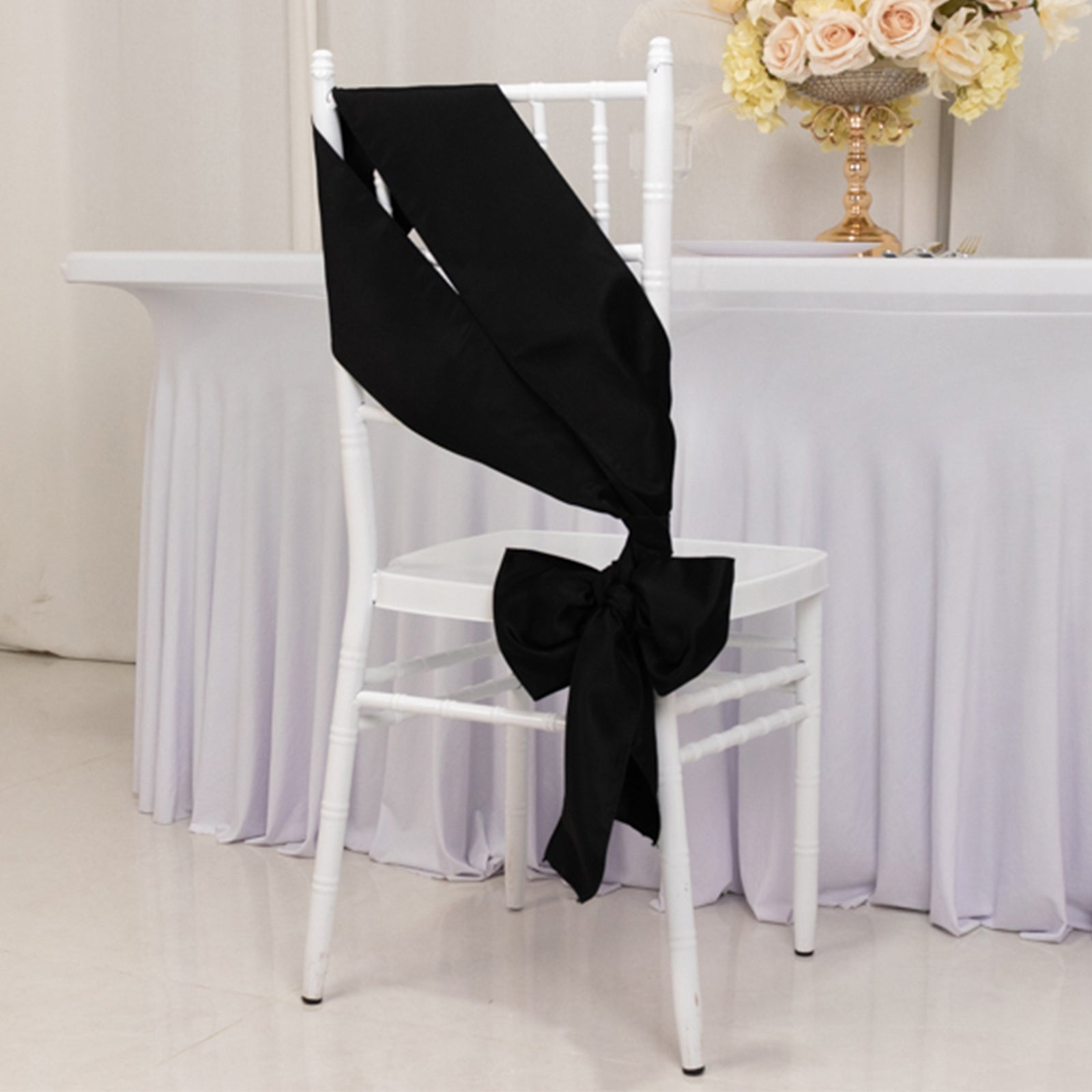 5 Pack Lamour Satin 6x106 Chair Sashes Black - Stylish Reusable Decorative Bows for Weddings & Gatherings