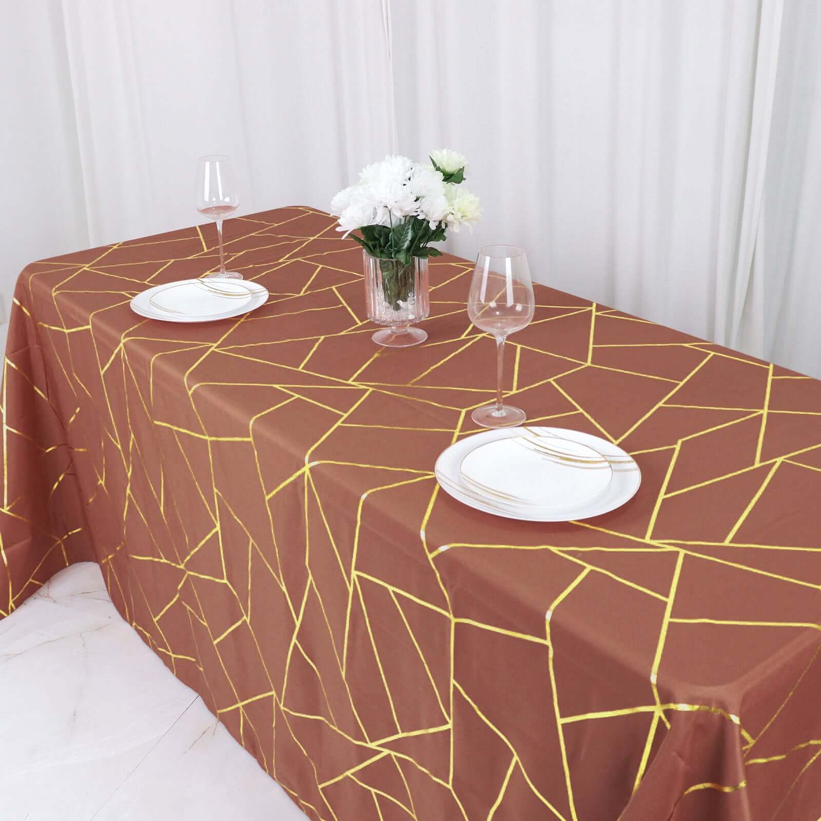 Polyester 90x132 Rectangle Tablecloth Terracotta (Rust) with Gold Foil Geometric Pattern - Wrinkle-Resistant Seamless Table Cover