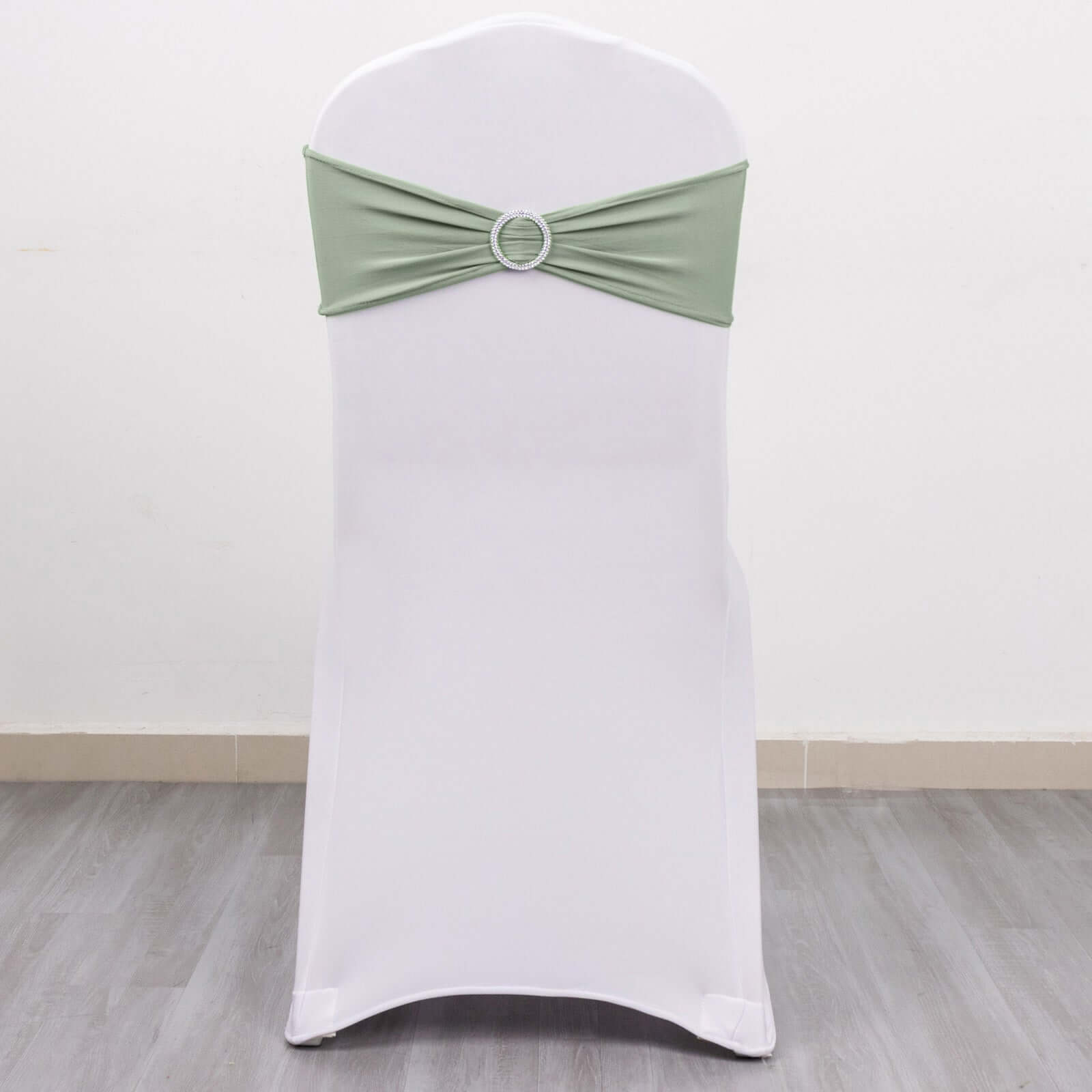 5 Pack Stretch Spandex Chair Sashes Sage Green - Reusable Chair Bands with Silver Diamond Ring Slide Buckle 5x14