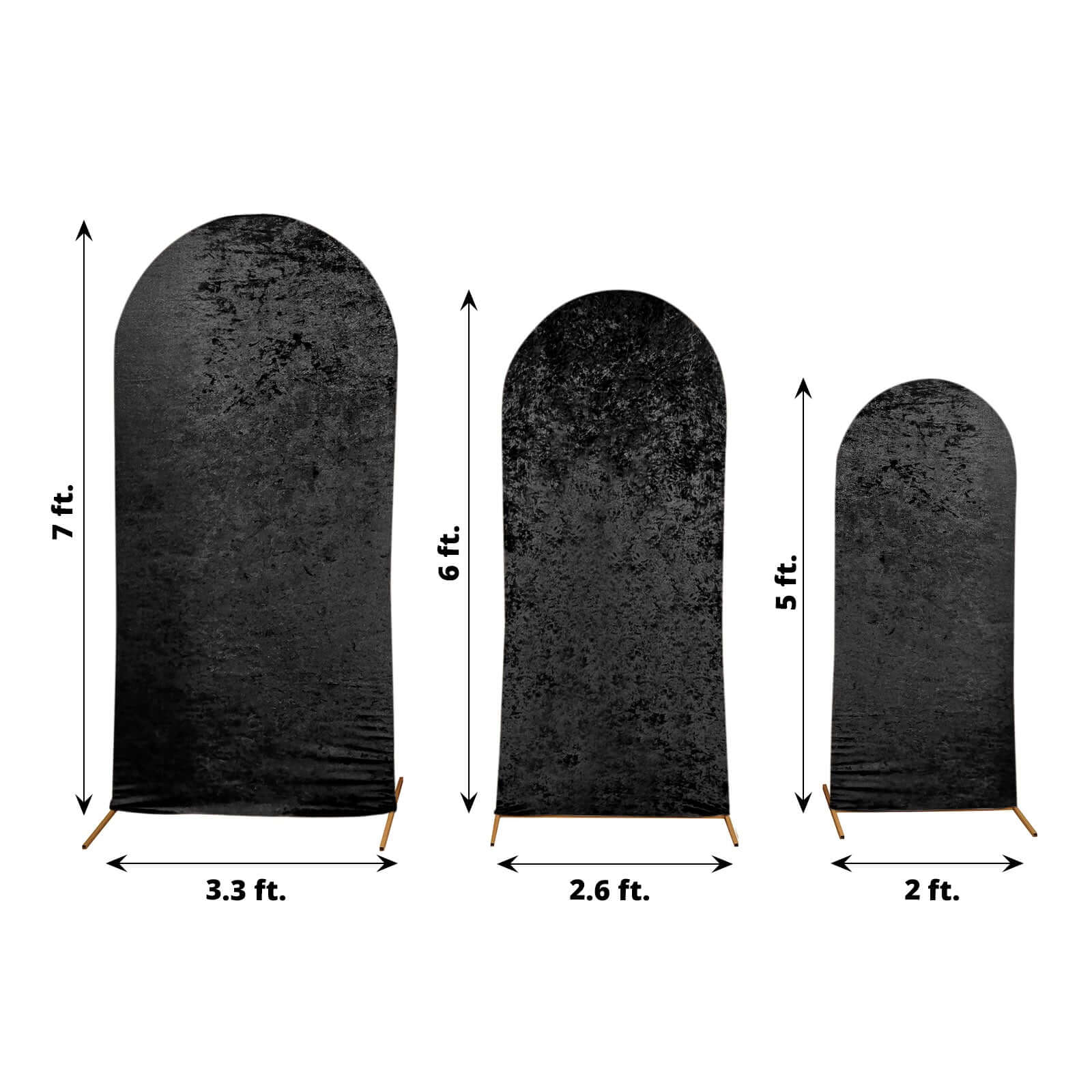 Set of 3 Black Crushed Velvet Chiara Backdrop Stand Covers For Round Top Wedding Arches - 5ft, 6ft, 7ft