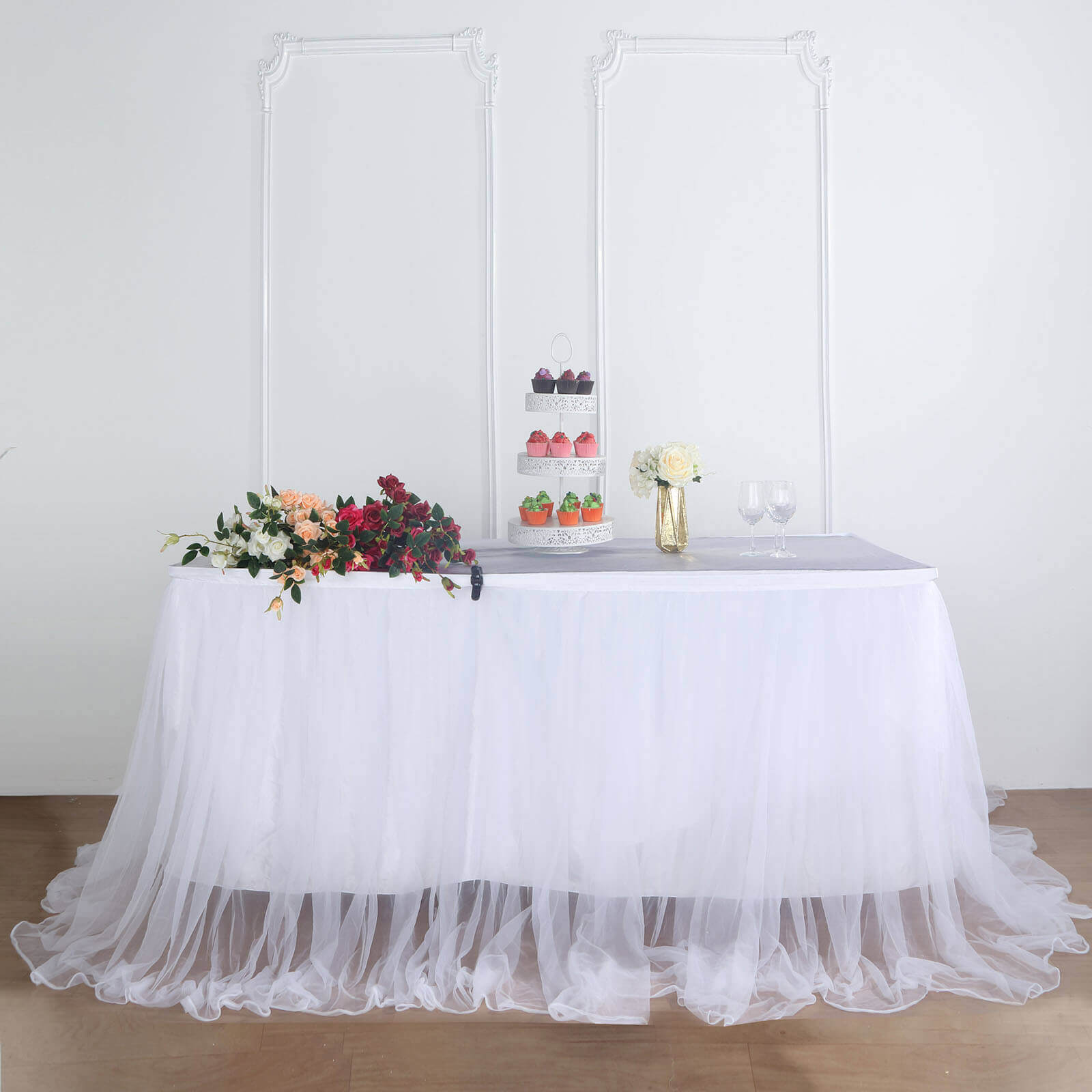 Extra Long Tulle 21ft Table Skirt White with Satin Edge - Table Cover for Baby Showers & Events