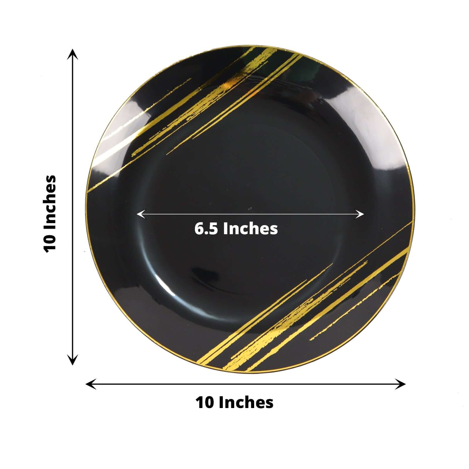 10-Pack Plastic 10 Round Dinner Plates in Black with Gold Brush Stroked Print - Disposable Party Dinnerware