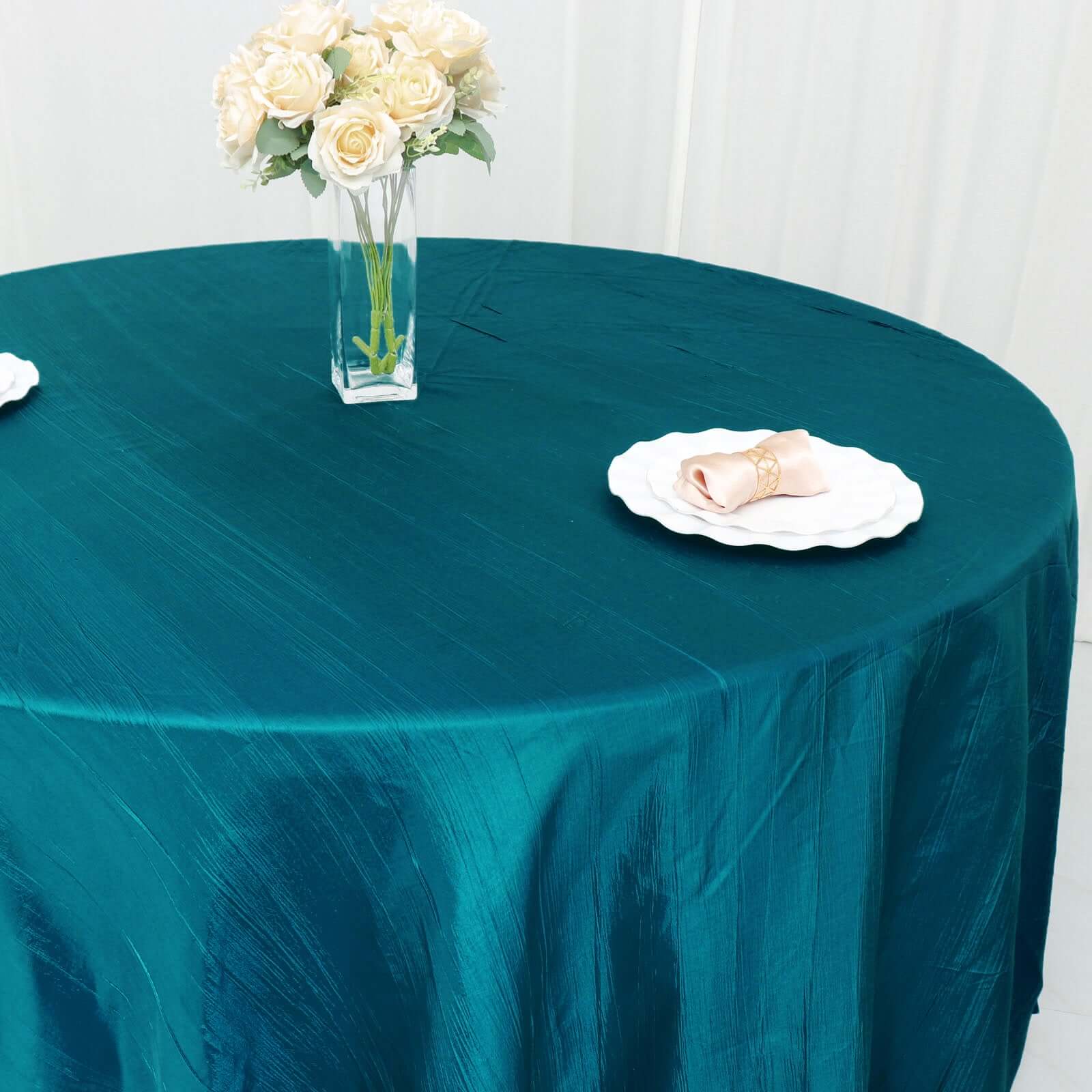 Taffeta 120 Round Tablecloth Peacock Teal - Seamless Accordion Crinkle Table Cover