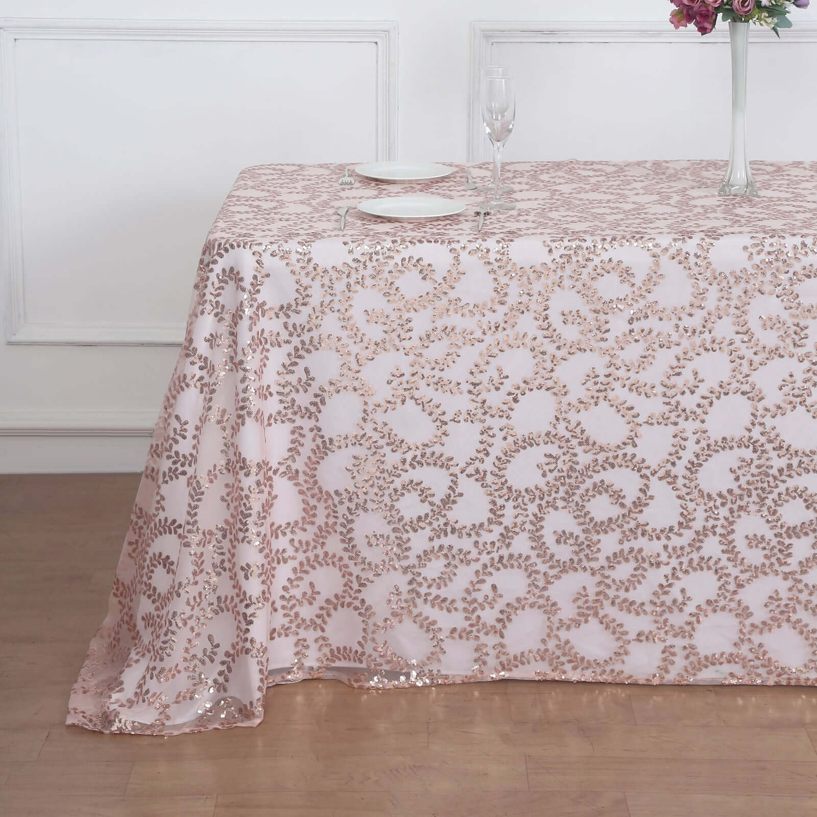 Tulle 90x156 Rectangle Tablecloth Rose Gold - Sequin Leaf Embroidered Table Cover