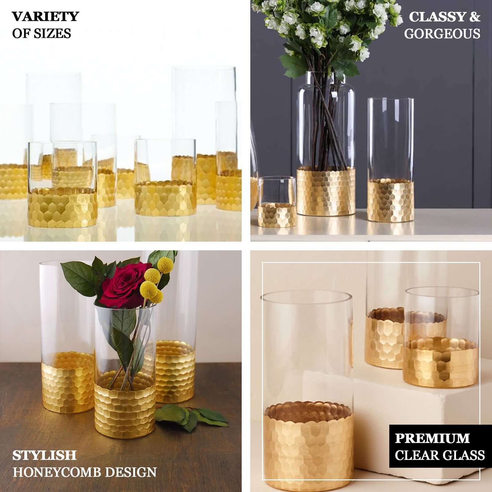 2-Pack Glass Cylinder Vases Honeycomb Design Clear with Gold Base - Decorative Candle Holder Centerpieces 12