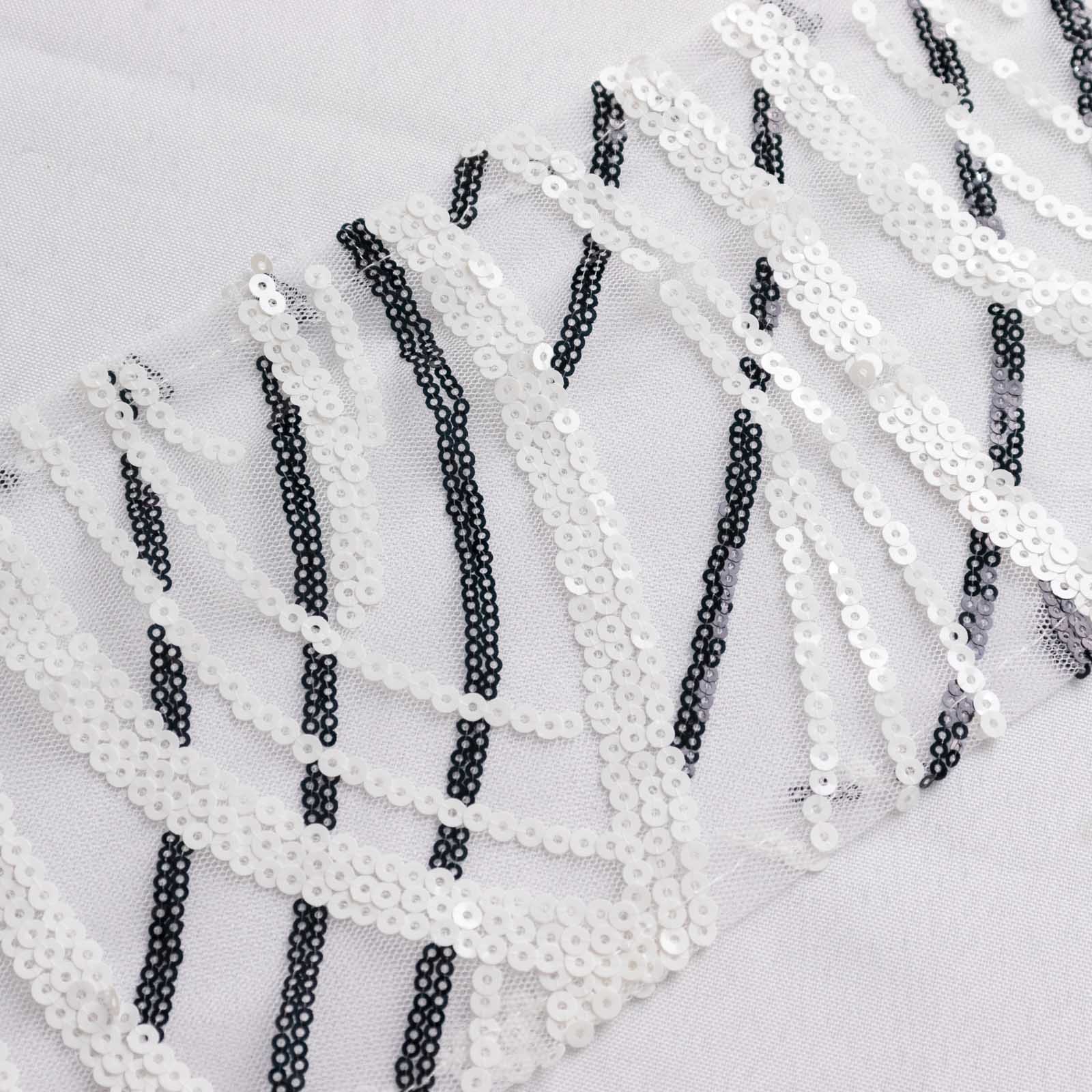 5 Pack Chair Sashes with Wave Embroidered Sequins White/Black 6x88 - Stylish Glittering Decor for Weddings