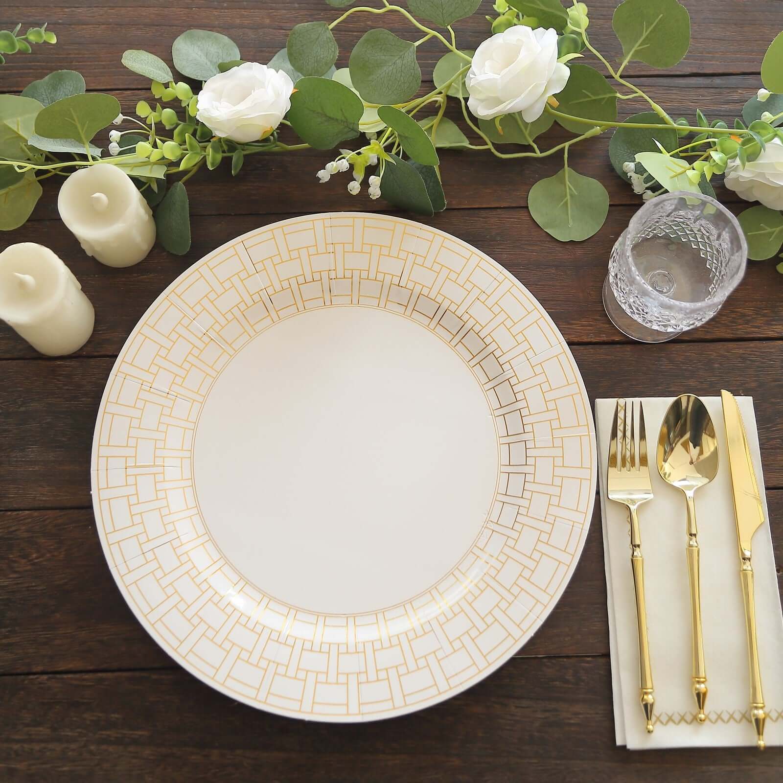 10-Pack Disposable Table Placemats in White with Gold Basketweave Pattern Rim - 650GSM Cardboard Placemats for Weddings & Banquets 13