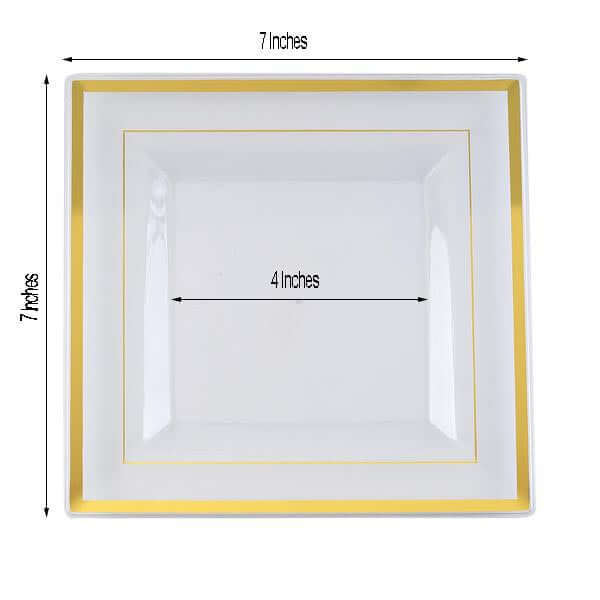 10-Pack Plastic Salad Dessert Plates Clear Square with Gold Trim - Durable Disposable Appetizer Plates 7