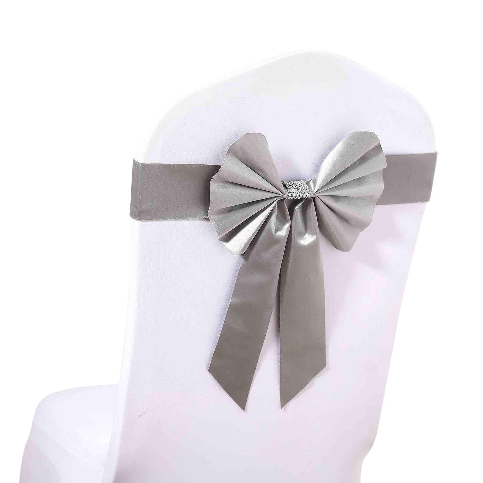 5 Pack Satin Faux Leather Chair Sashes Silver - Durable Double Sided Pre-tied Bow Tie Chair Bands with Diamond Rhinestone Buckles