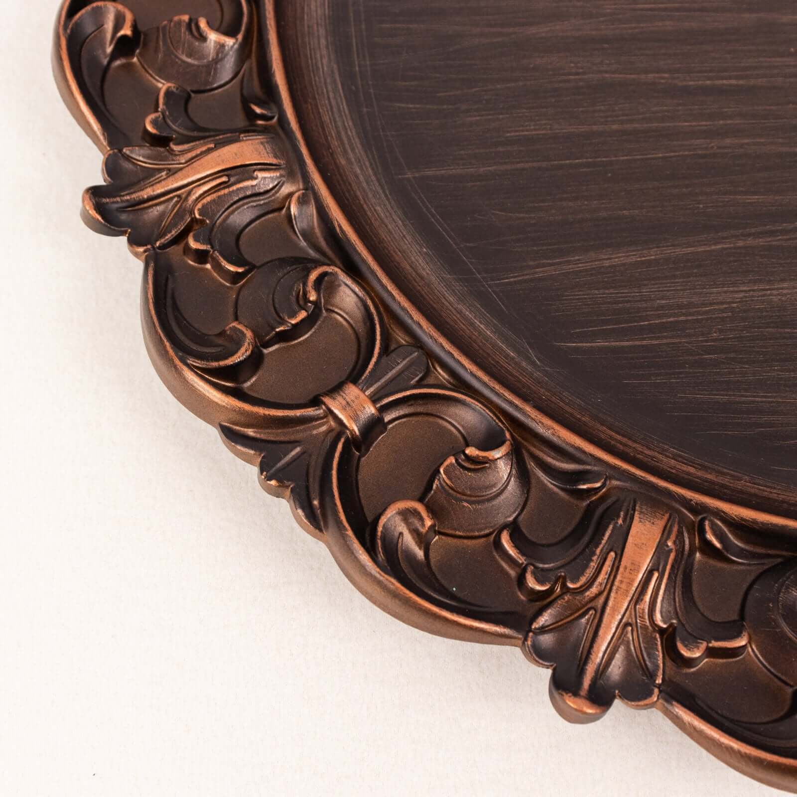 6-Pack Acrylic Round Charger Plates 13 in Dark Brown with Aristocrat Retro Baroque Rim, Ornate Plastic Decorative Chargers