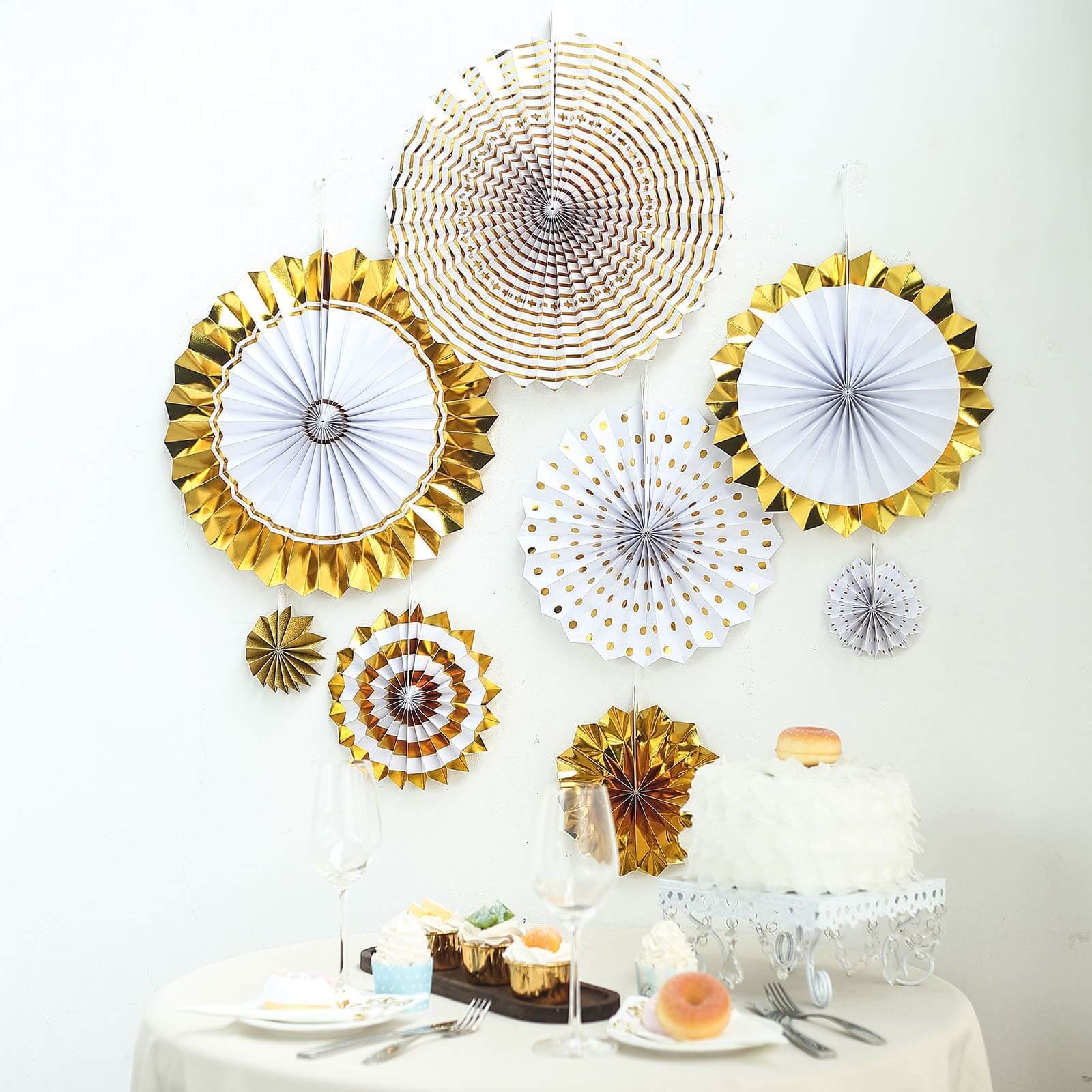 Set of 8 Gold White Hanging Paper Fan Decorations, Pinwheel Wall Backdrop Party Kit - 4, 8, 12, 16