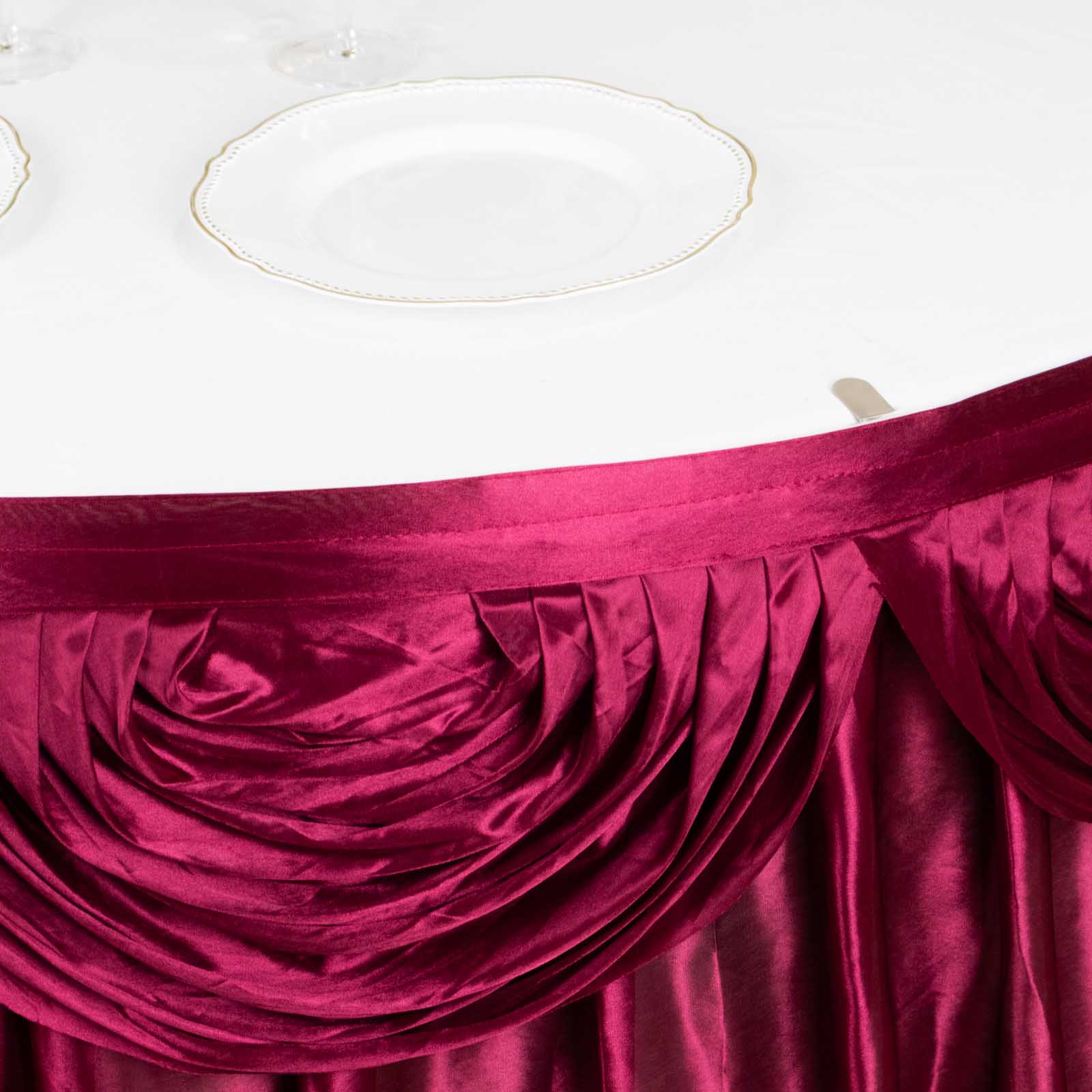 Satin 14ft Table Skirt Burgundy - Pleated Double Drape Table Cover