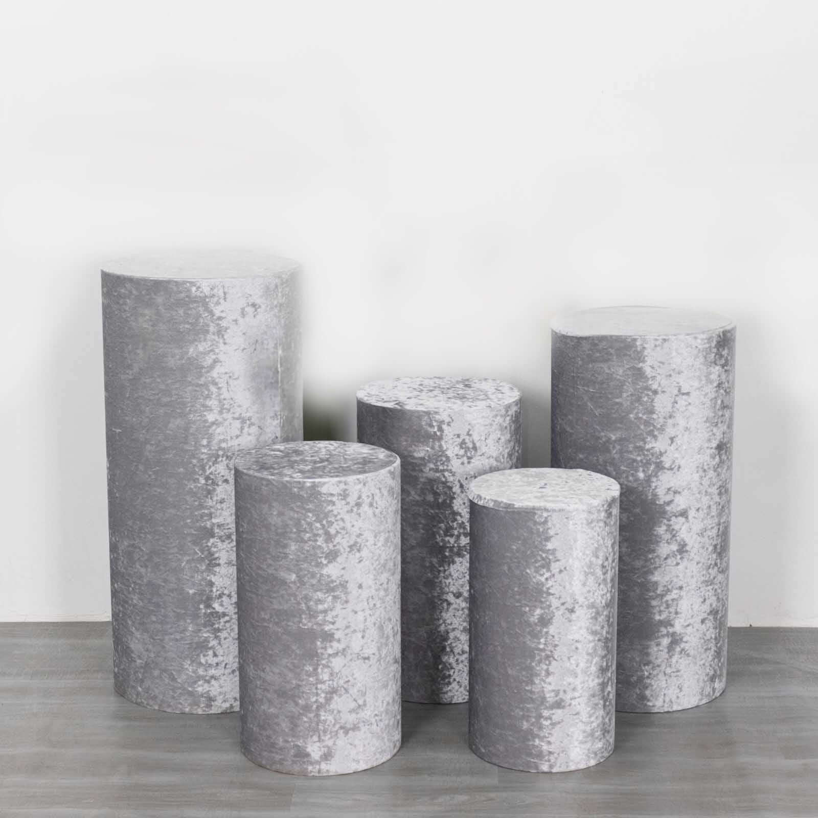 Set of 5 Silver Crushed Velvet Cylinder Pedestal Stand Covers, Premium Pillar Prop Covers