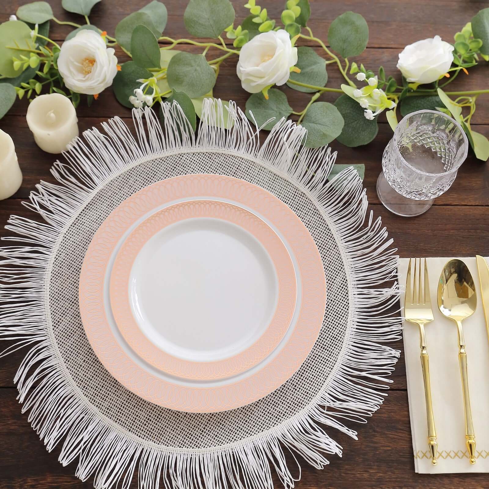 10-Pack Plastic Round Dinner Plates 10 White with Blush Rose Gold Spiral Rim - Chic Disposable Party Plates