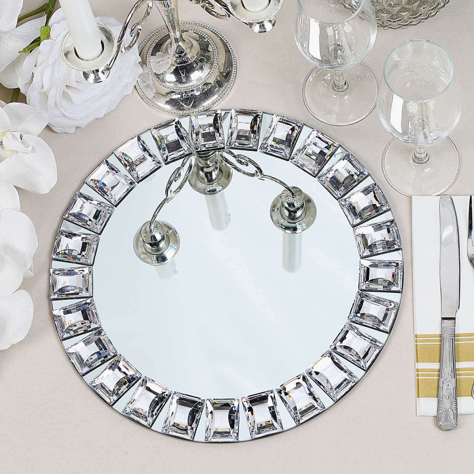 2-Pack Glass Mirror Round Charger Plates 13 in Silver with Jeweled Rim - Premium Decorative Dinner Party Charger Tableware