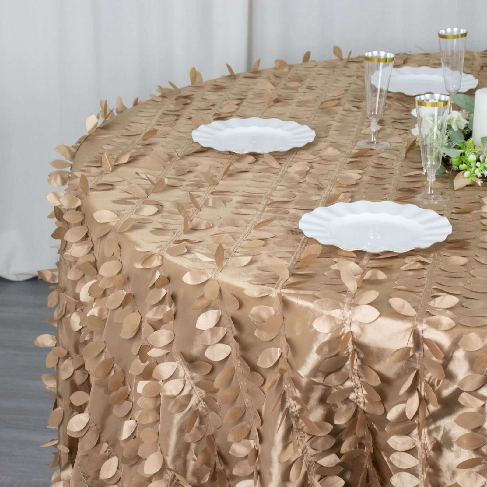 Taffeta 120 Round Tablecloth Taupe Leaf | 3D Leaf Petal Design Seamless Table Cover