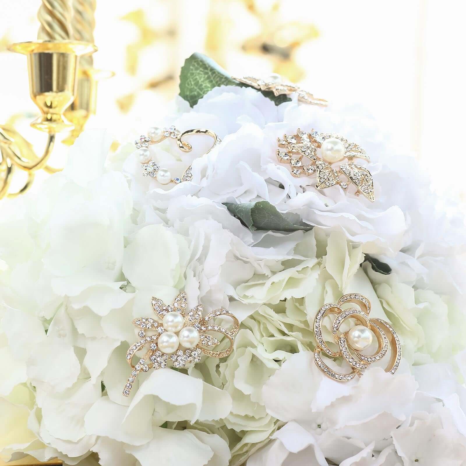 5 Pack Assorted Gold Plated Pearl and Rhinestone Brooches Floral Sash Pin Brooch Bouquet Decor