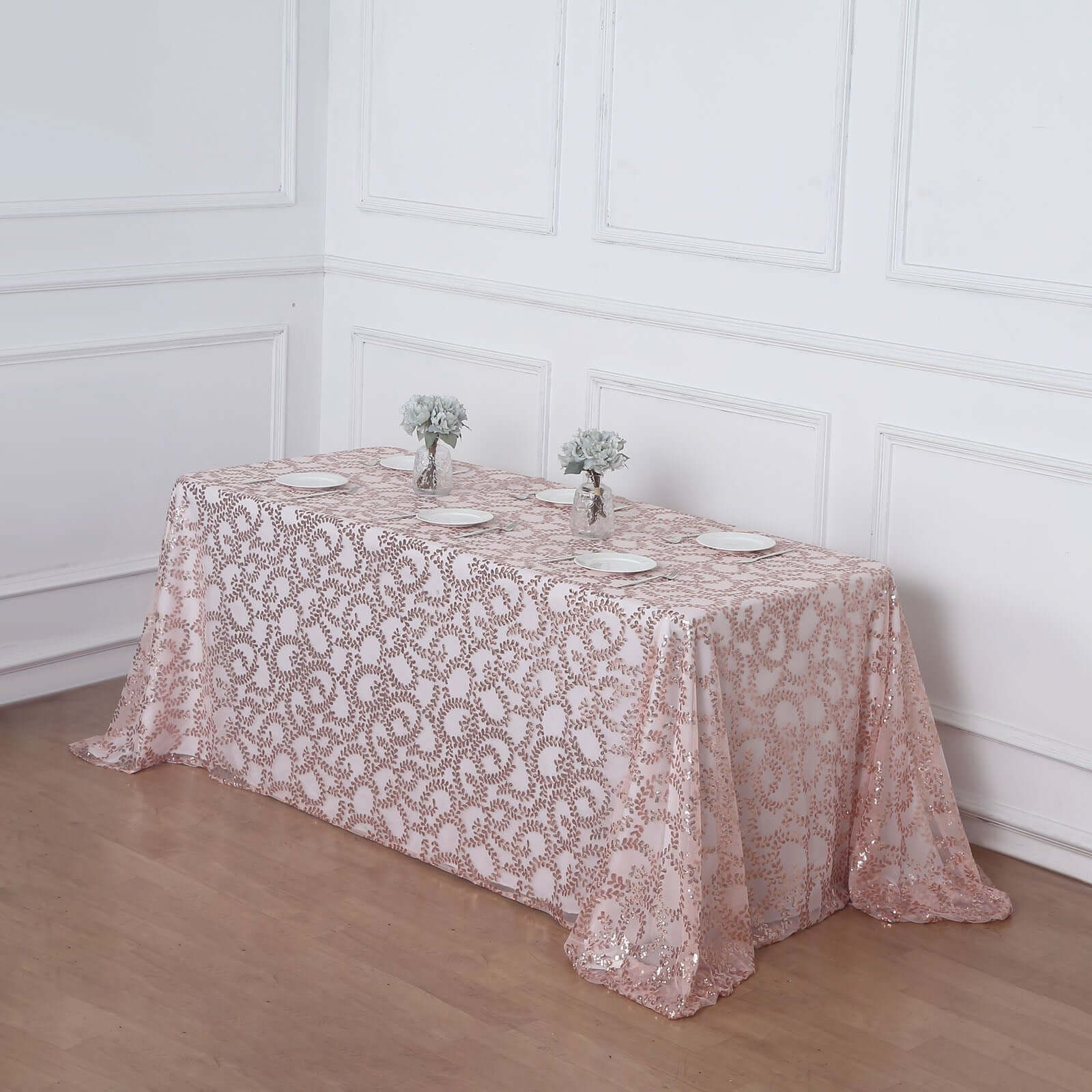 Tulle 90x156 Rectangle Tablecloth Rose Gold - Sequin Leaf Embroidered Table Cover