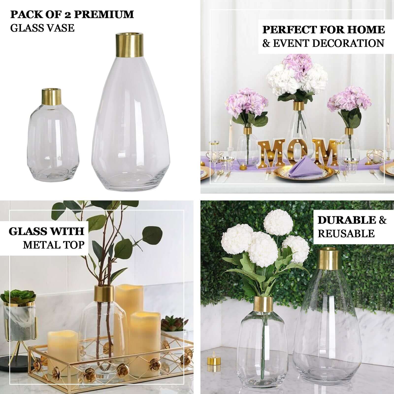 2-Pack Glass Flower Vases Teardrop Design Clear with Gold Metal Top - Stylish Event Table Centerpieces 14