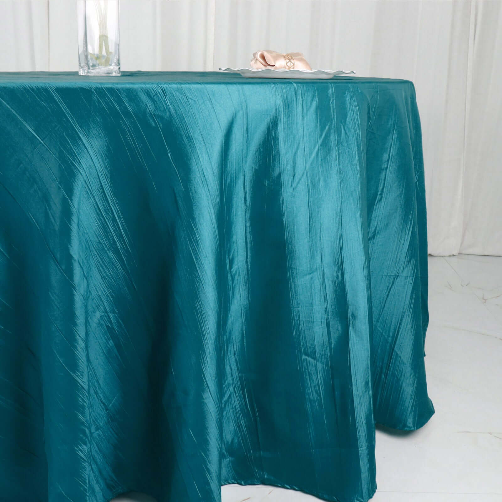 Taffeta 120 Round Tablecloth Peacock Teal - Seamless Accordion Crinkle Table Cover