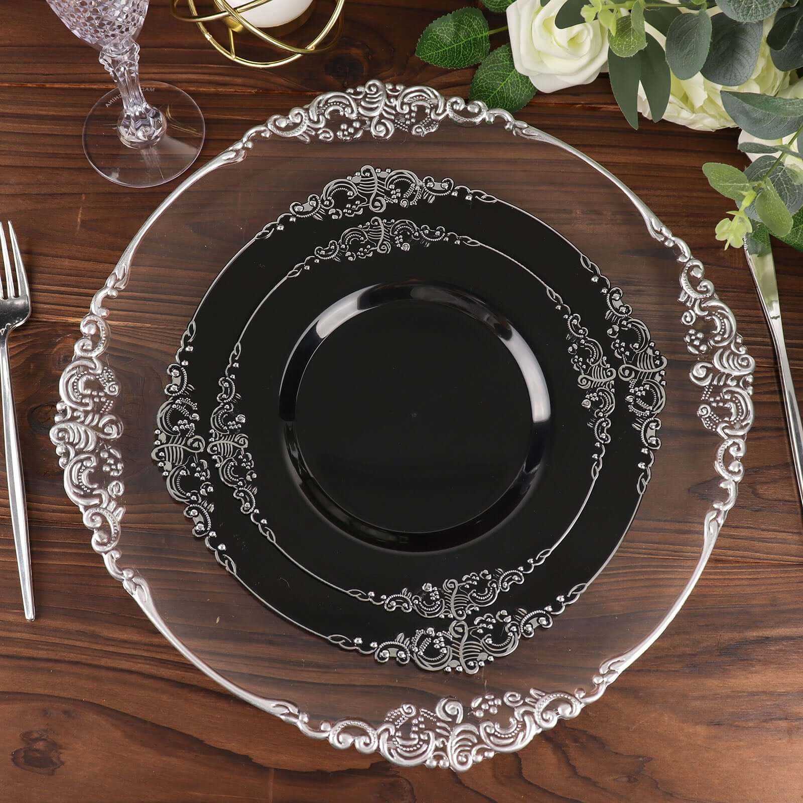 10-Pack Plastic 10 Round Dinner Plates in Black with Silver Leaf Embossed Rim - Disposable Vintage Baroque Style Plates