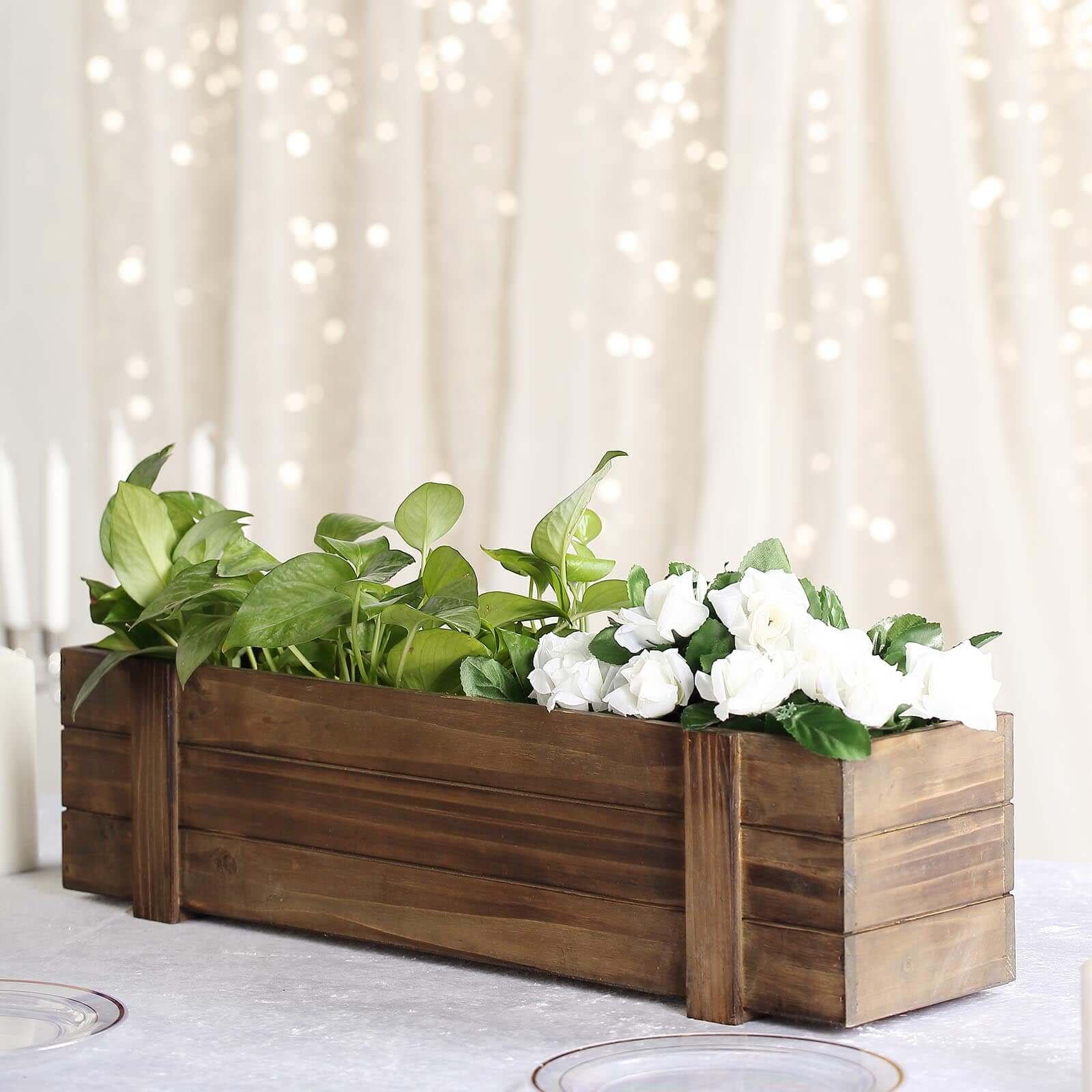 Rustic Wood Planter Box Smoked Brown - Durable Event Decor with Removable Plastic Liner 24x6