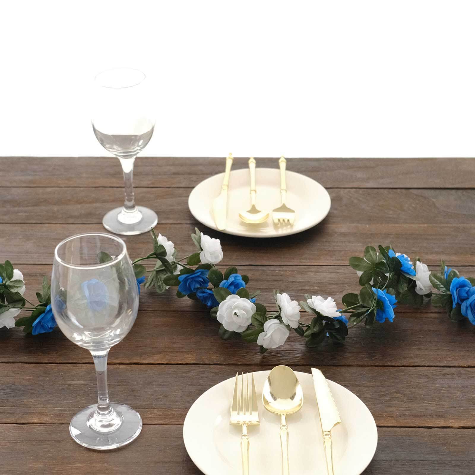 2 Pack 8ft White Royal Blue Artificial Silk Flower Garland Mini Rose Vines with 45 Flower Heads