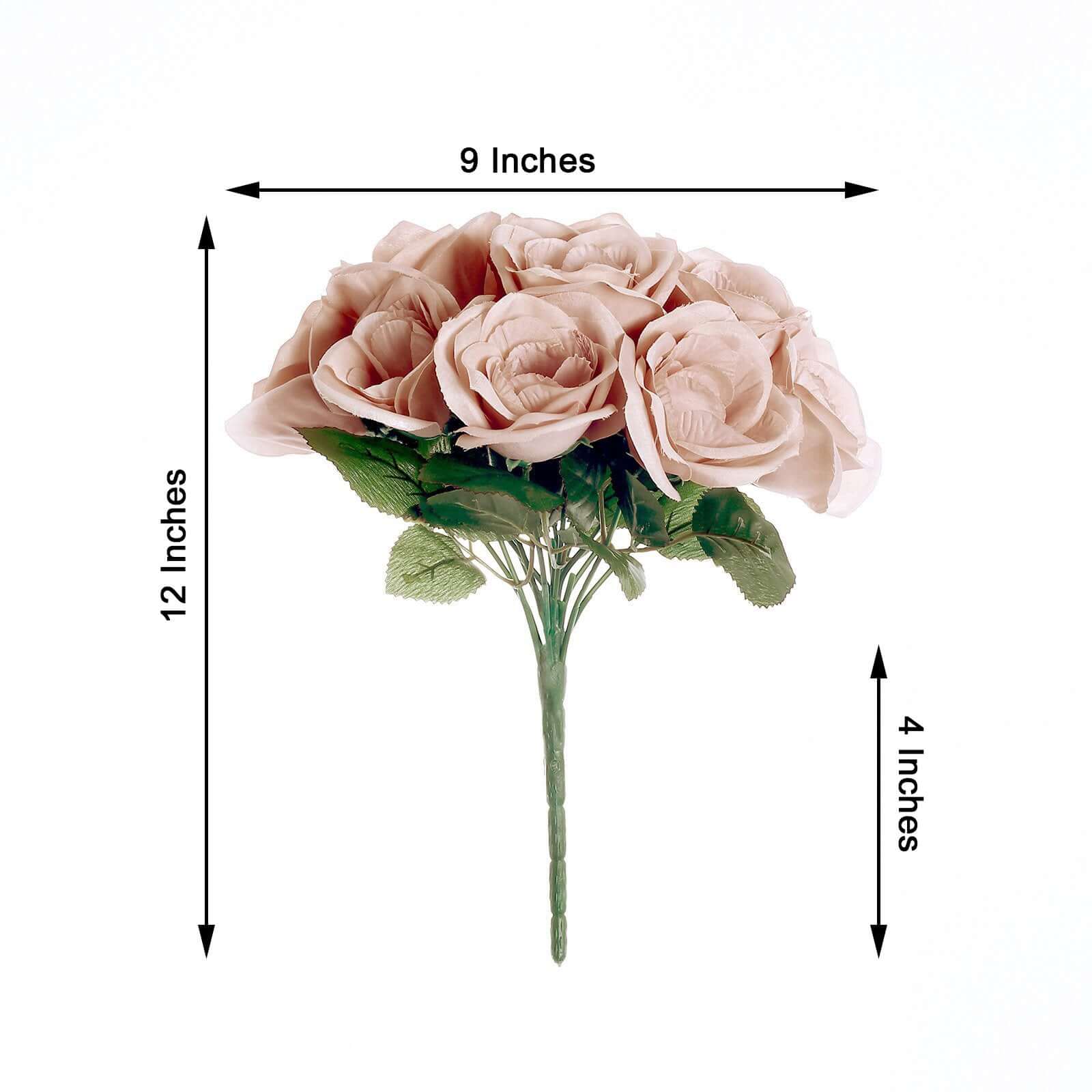 12 Dusty Rose Artificial Velvet-Like Fabric Rose Flower Bouquet Bush