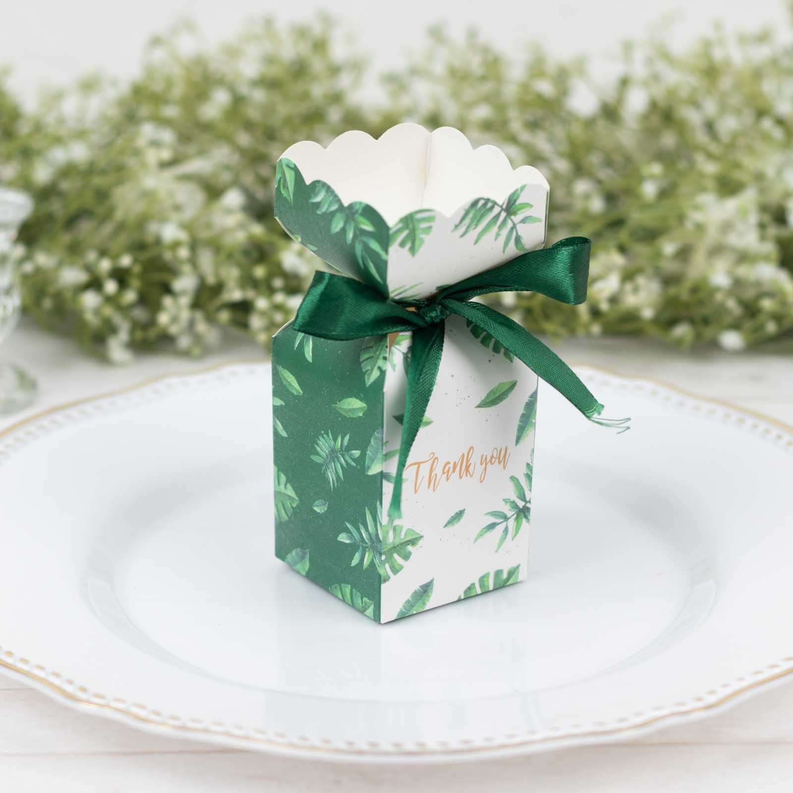 25 Pack White Green Leaf Print Satin Ribbon Candy Gift Boxes With Floral Top, Cardstock Paper Party Favor Boxes - 2x5