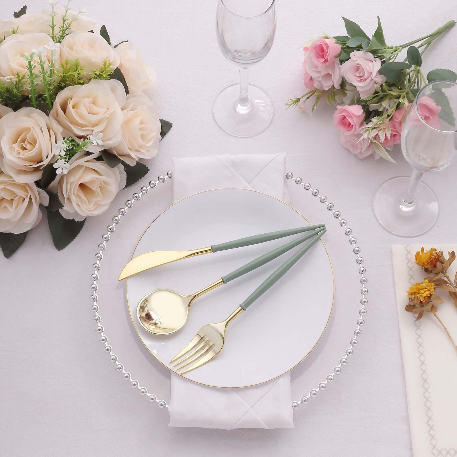 24-Pack Plastic Flatware Set in Metallic Gold with Dusty Sage Green Handle - Heavy Duty Disposable Modern Silverware 8