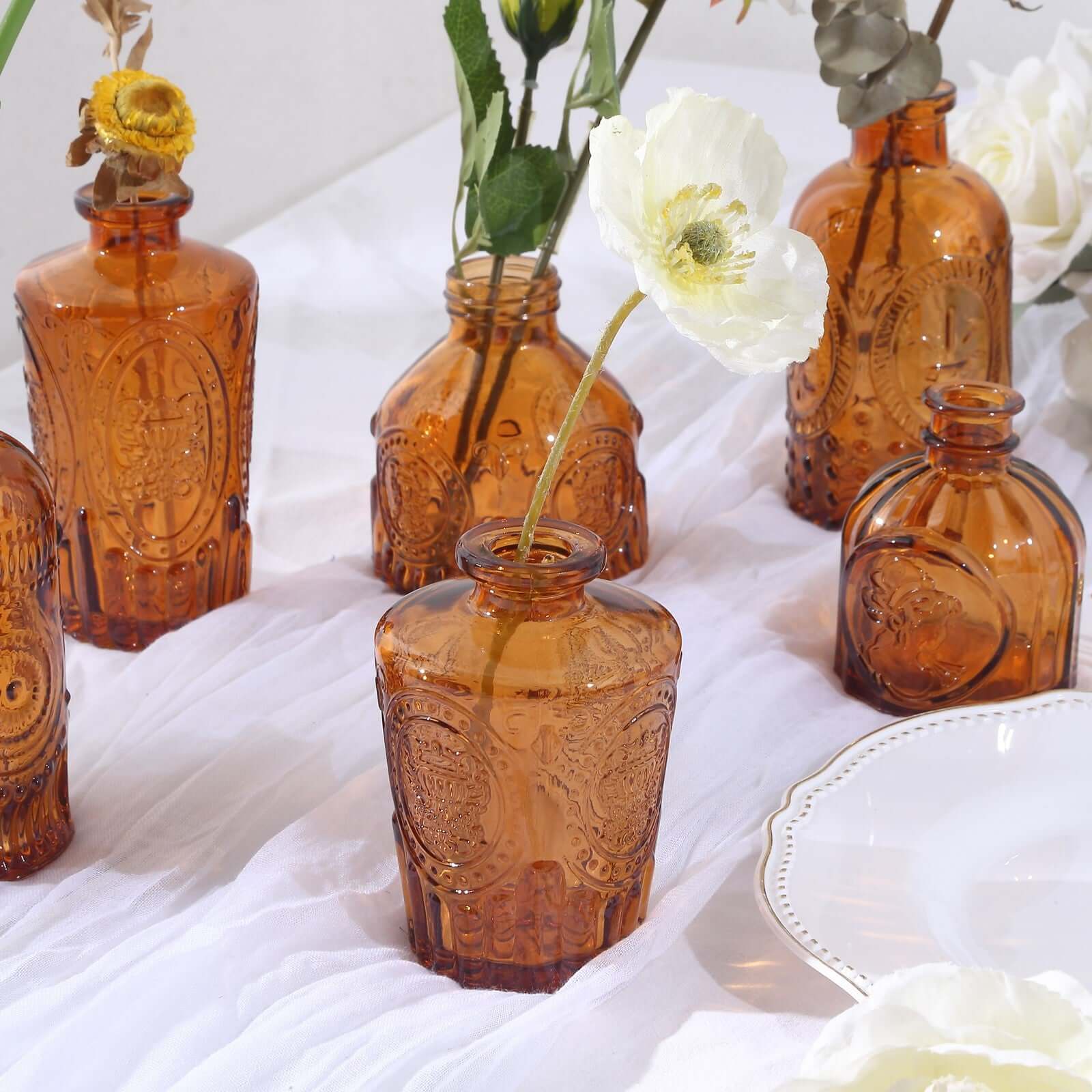 Set of 6 Embossed Glass Bud Vases Vintage Amber Gold - Apothecary Style Decorative Table Centerpieces