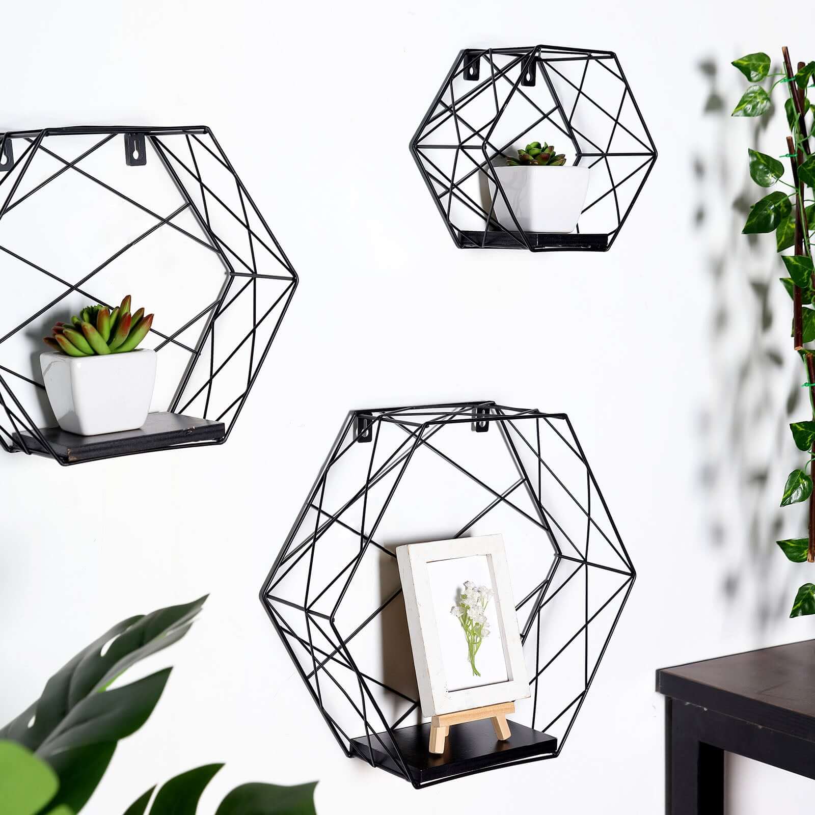 3 Pack Black Hexagonal Floating Wall Shelves, Decorative Geometric Wall Mounted Shelves - 9,12,14