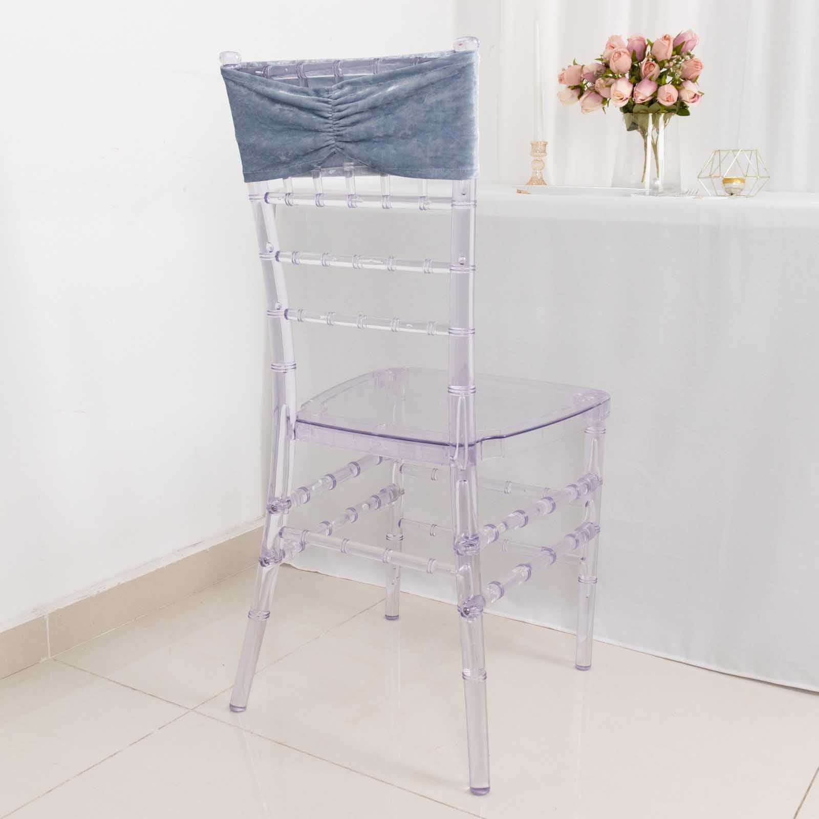 5 Pack Premium Crushed Velvet Chair Sashes Dusty Blue Ruffle Style - Wrinkle-Free Textured Stretch Chair Bands