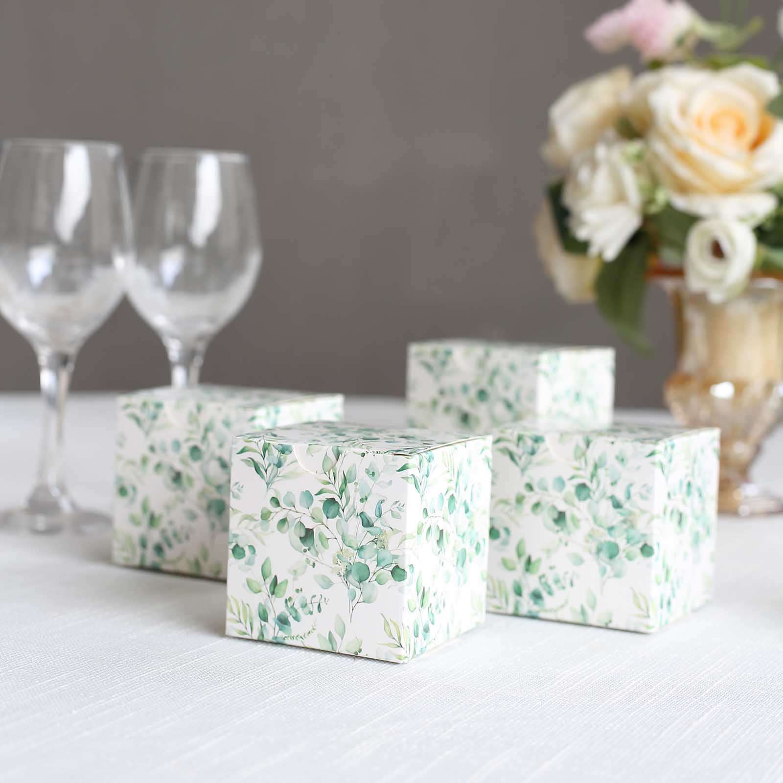 25 Pack White Green Eucalyptus Leaves Print Paper Favor Boxes, Cardstock Party Shower Candy Gift Boxes - 3x3x3