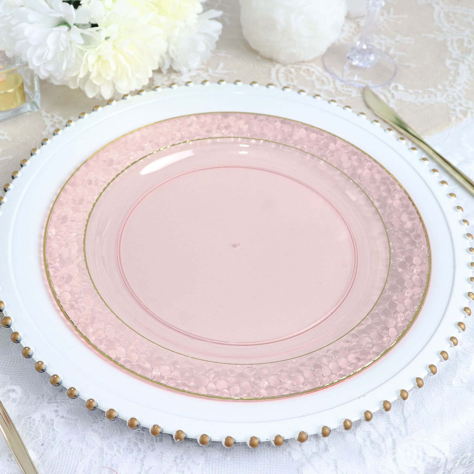 10-Pack Plastic 10 Round Dinner Plates in Blush Hammered Design with Gold Rim - Disposable Party Plates for Chic Banquets & Special Occasions