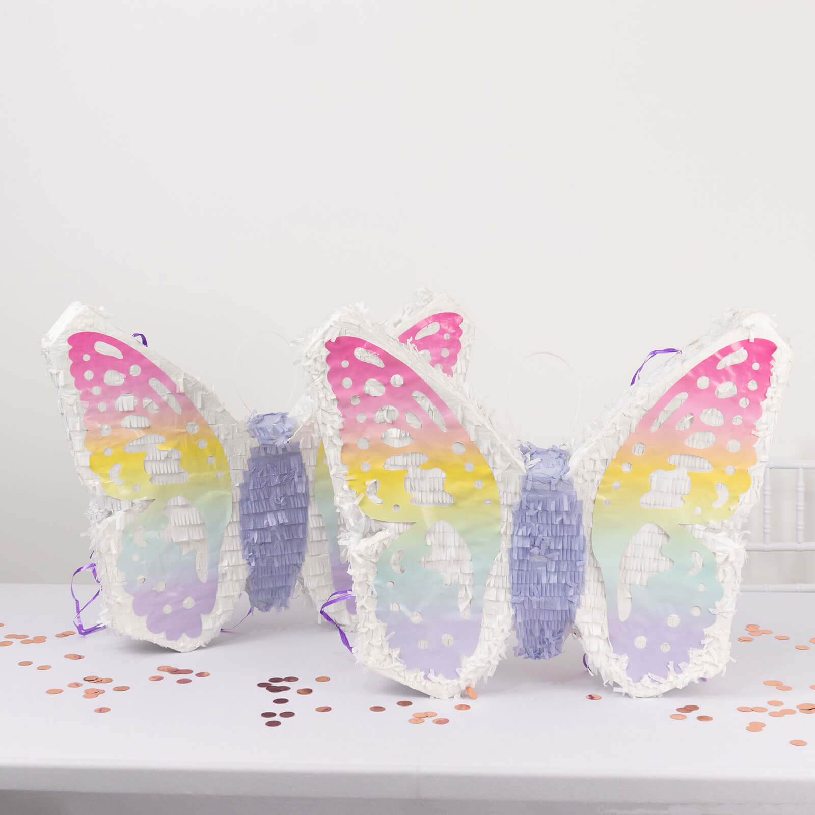 Expandable White Lilac Paper Butterfly Pinata Hanging Decor with Pastel Colored Wings, Fairy Themed Birthday Party Pinata - 23x19