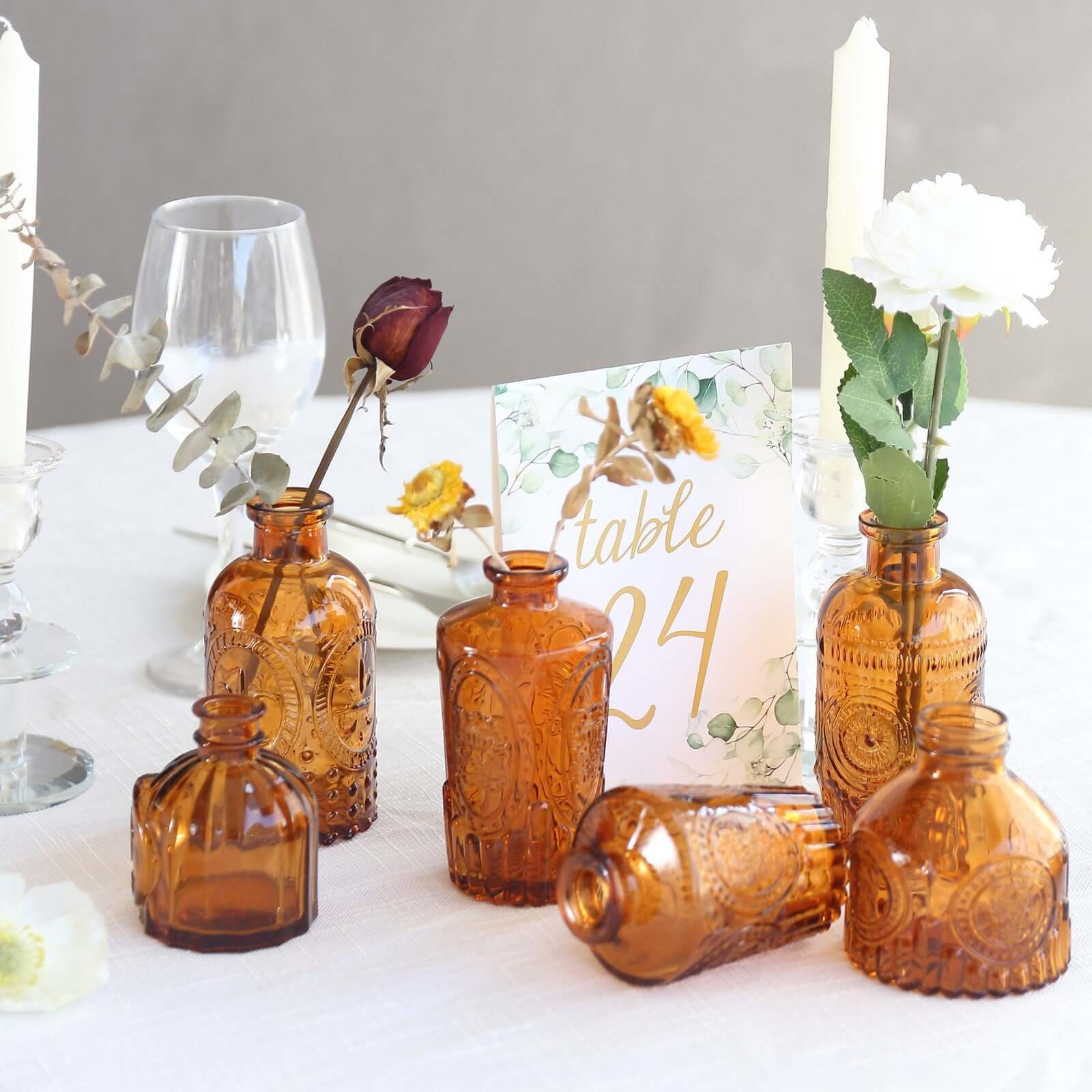 Set of 6 Embossed Glass Bud Vases Vintage Amber Gold - Apothecary Style Decorative Table Centerpieces