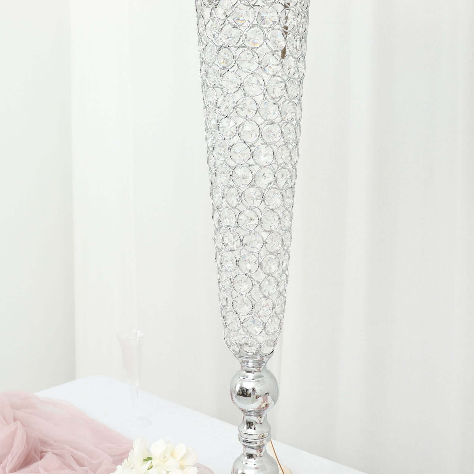 2-Pack Crystal Beaded Trumpet Vase Set Silver - Table Centerpiece for Grand Occasions 40