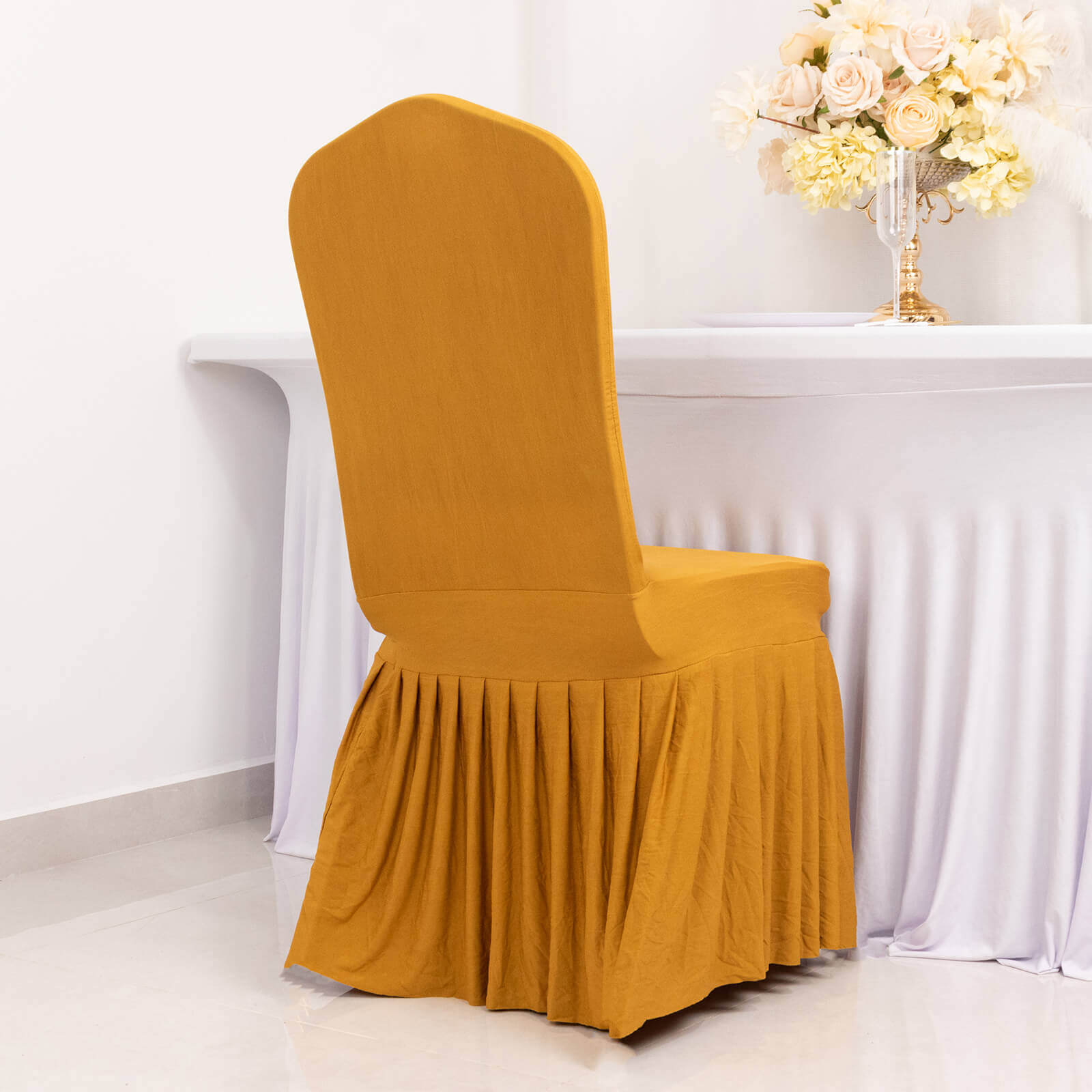 Spandex Chair Cover with Ruffle Pleated Skirt for Banquet Chairs Gold - 1-Piece Stretch Fitted Slipcover