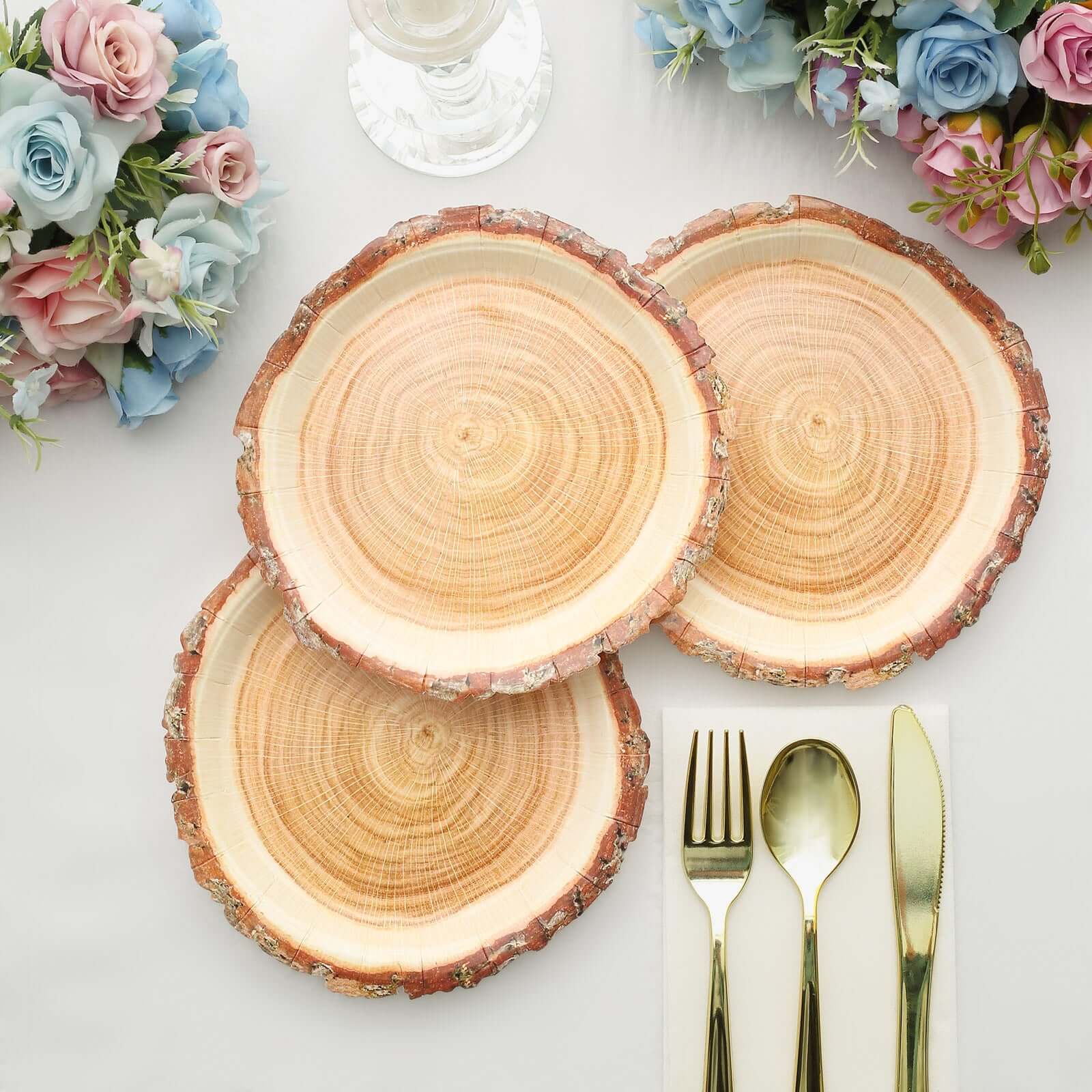 25-Pack Paper 7 Round Dessert Plates in Natural Wood Slice Print - Disposable Appetizer Salad Plates for Rustic Farmhouse Style Events