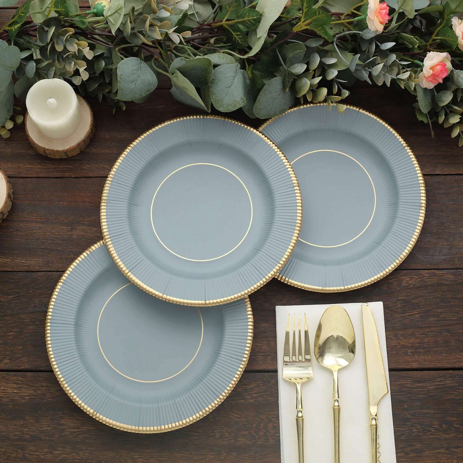 25-Pack Paper 8 Round Dessert Plates in Dusty Blue Sunray Design with Gold Rim - Disposable Heavy Duty 350GSM Appetizer Salad Plates