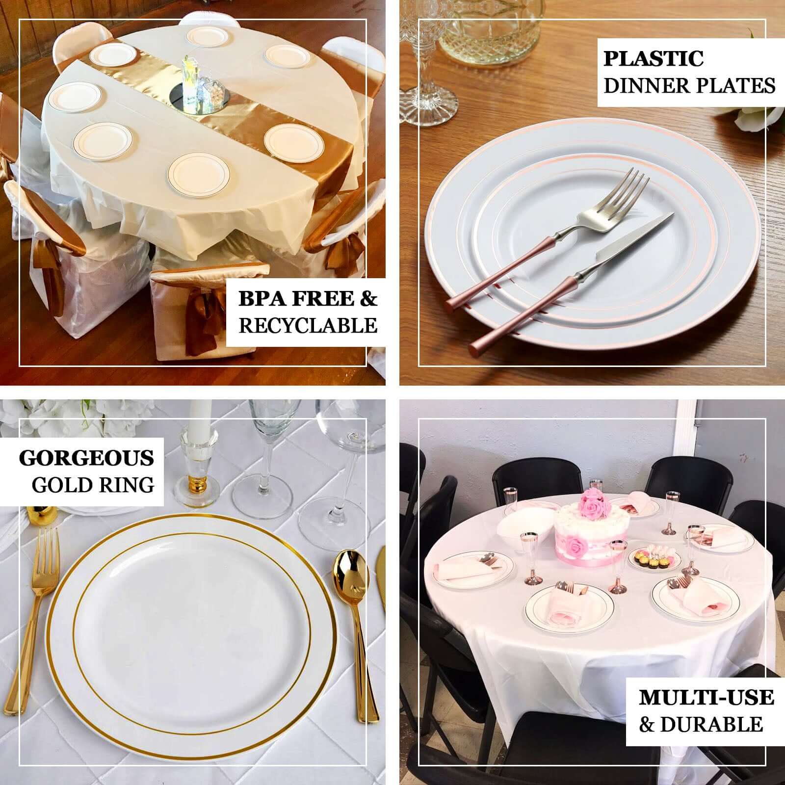 10-Pack Plastic Dinner Plates White with Très Chic Rose Gold Rim - Perfect Disposable Party Plates 10