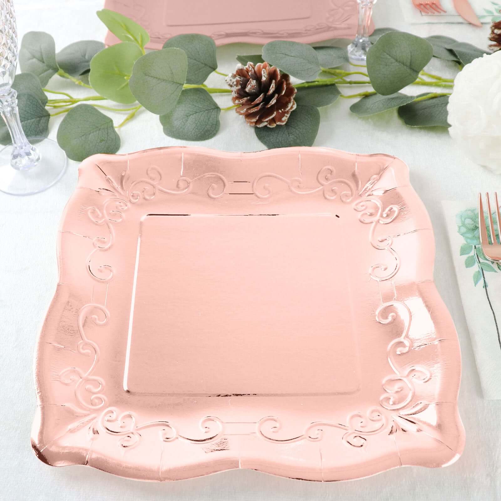 25-Pack Paper 11 Square Dinner Plates in Blush Rose Gold with Vintage Pottery Embossed Design - Shiny Metallic Disposable Serving Plates