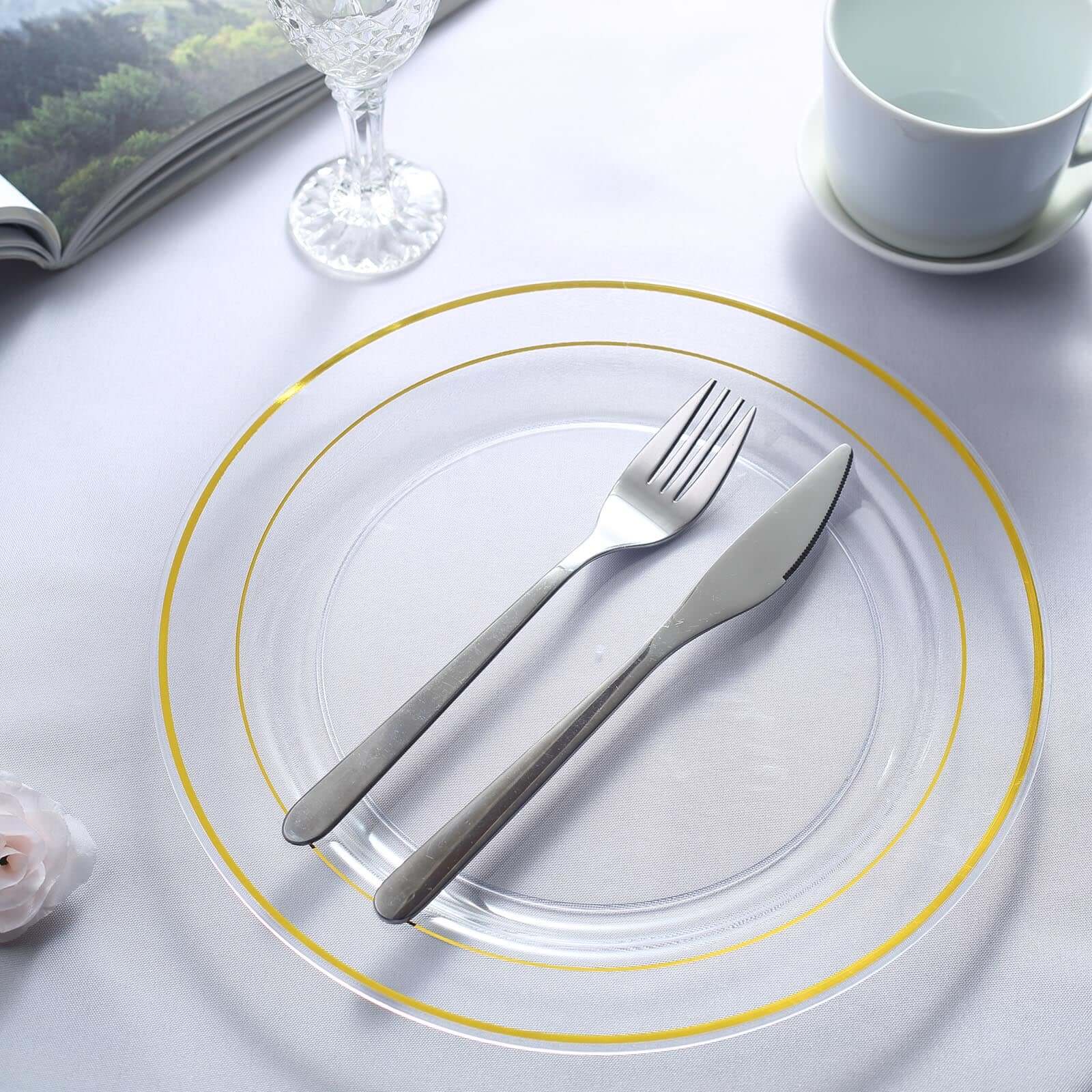 10-Pack Plastic Dinner Plates Clear with Très Chic Gold Rim - Perfect Disposable Party Plates 10